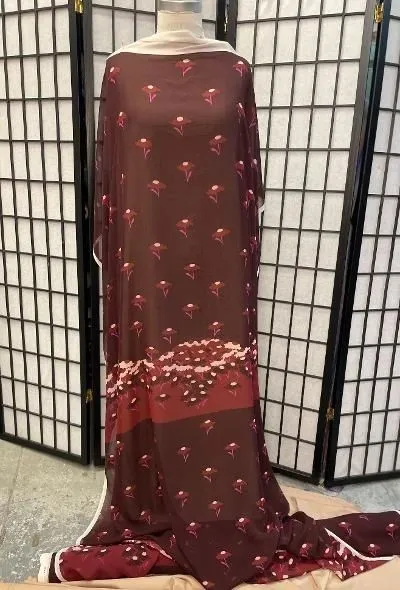 Cheeky Flower Border Printed Burgundy Silk Georgette