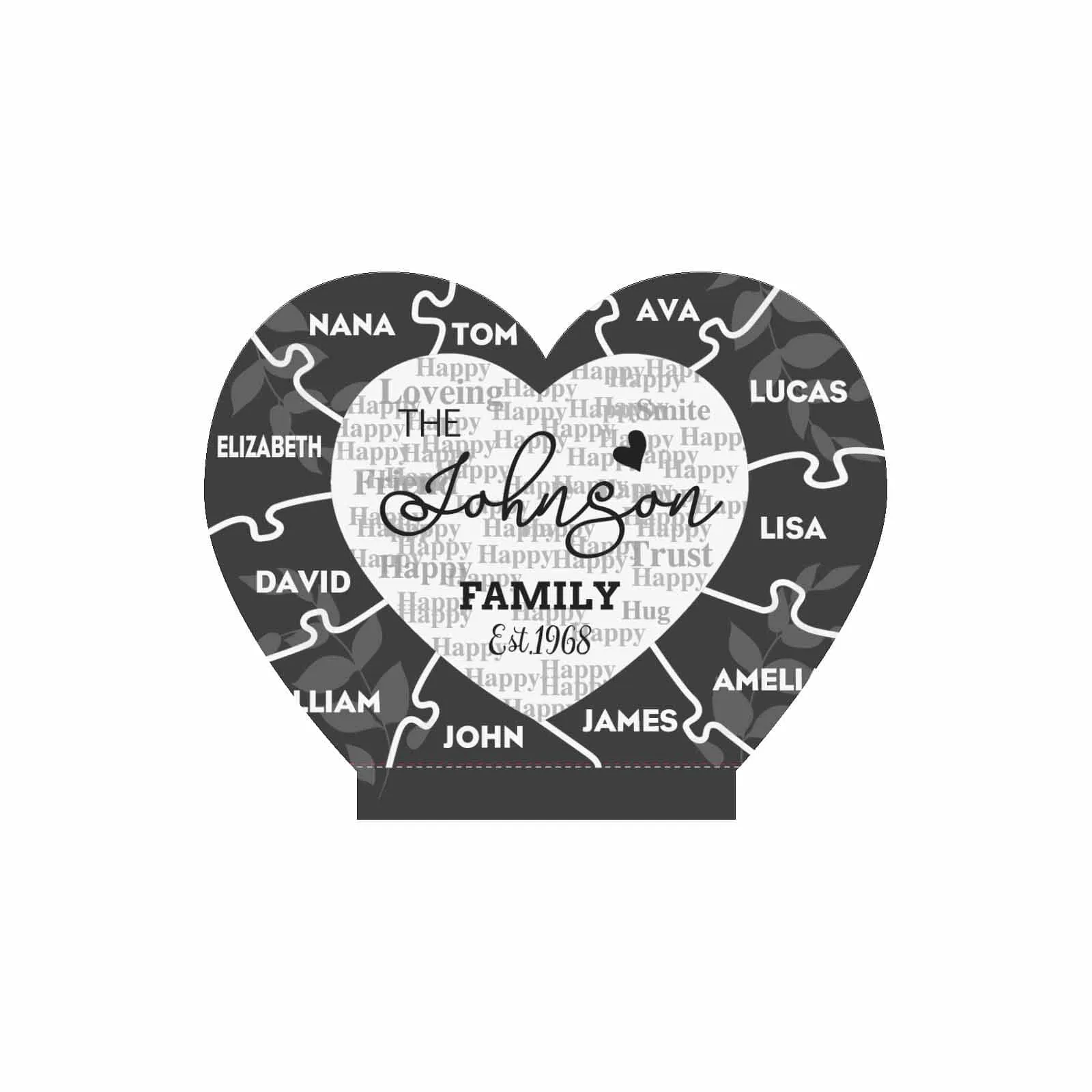 Custom Date&Family Name The Family Heart-Shaped Acrylic Panel With Light Base