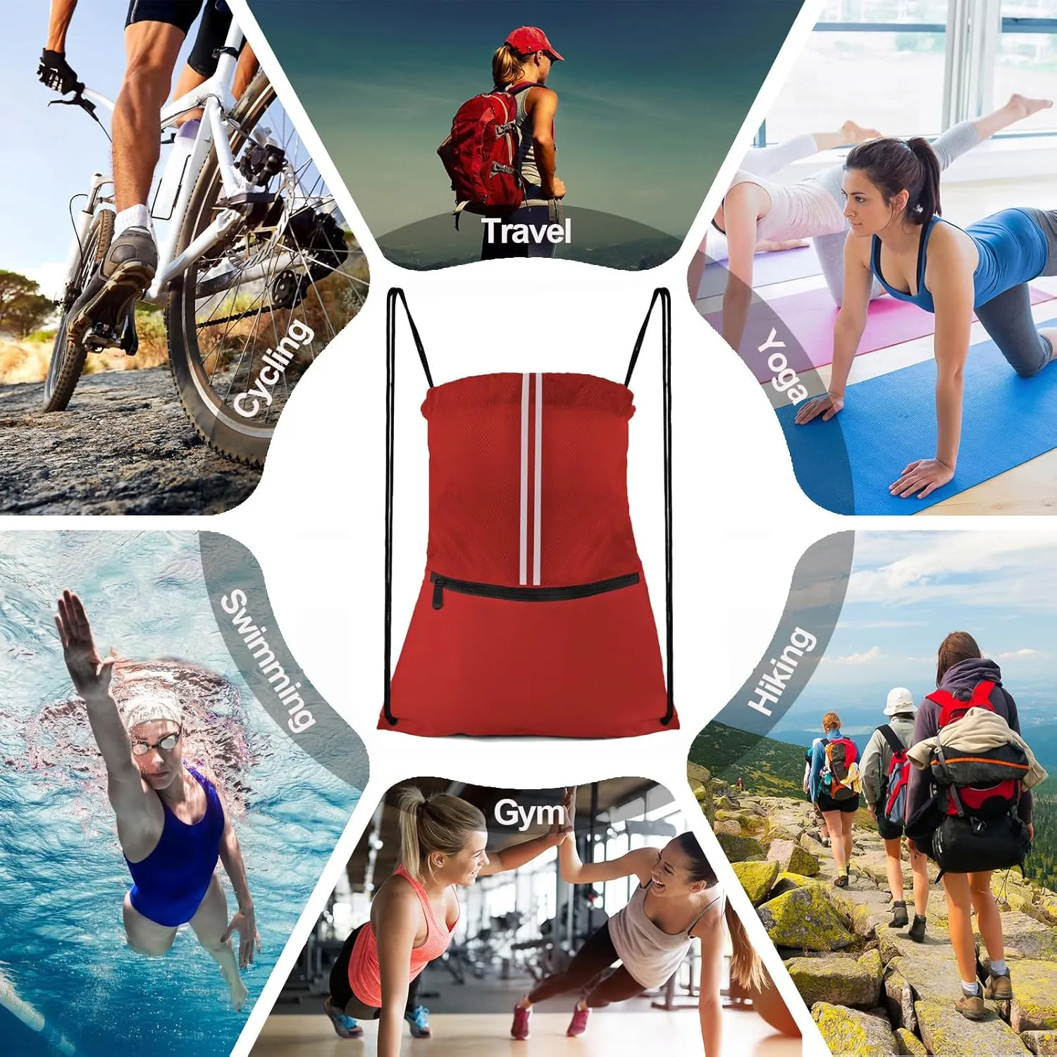 Drawstring Backpack Large Sports Draw String Bag for Women and Men (Red)