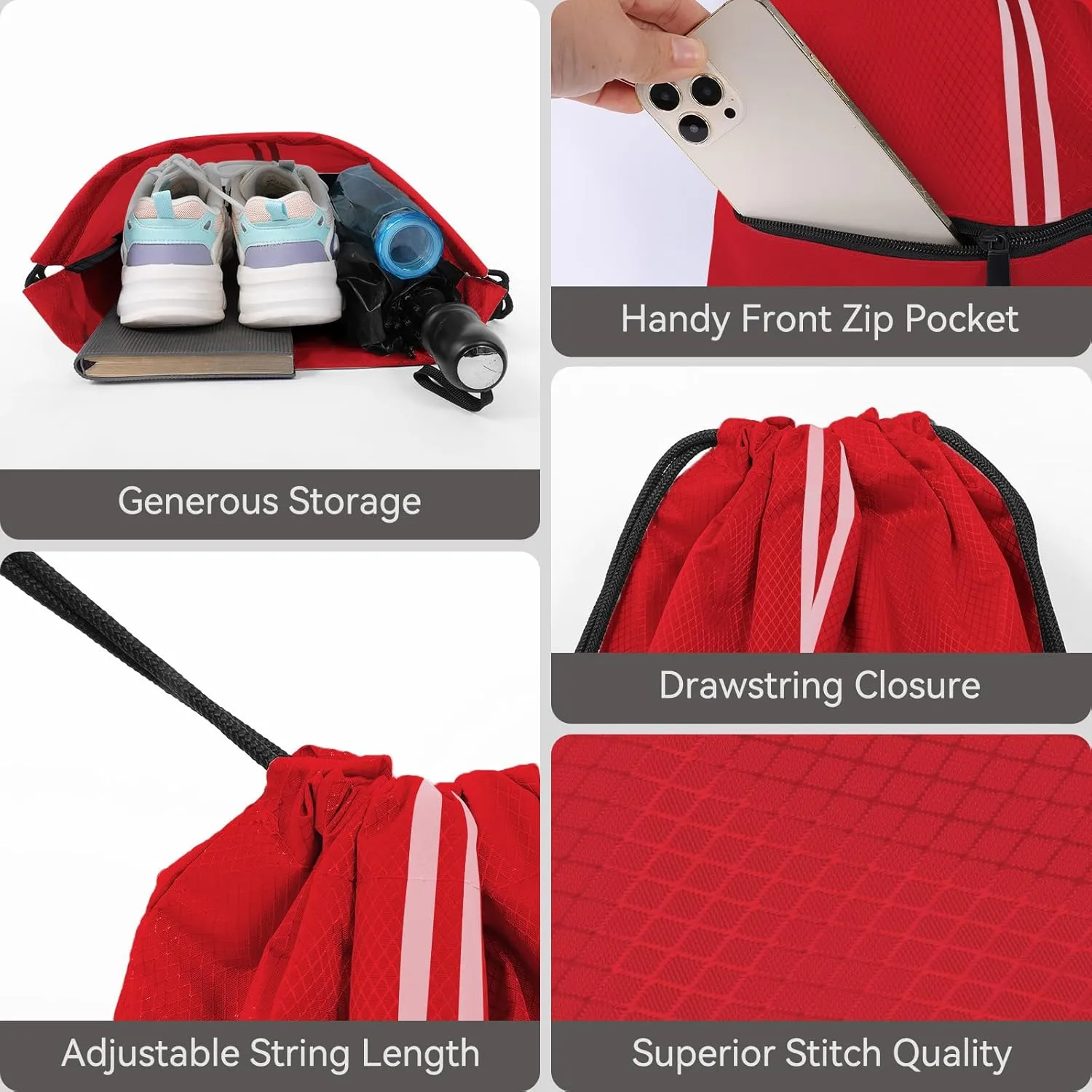 Drawstring Backpack Large Sports Draw String Bag for Women and Men (Red)