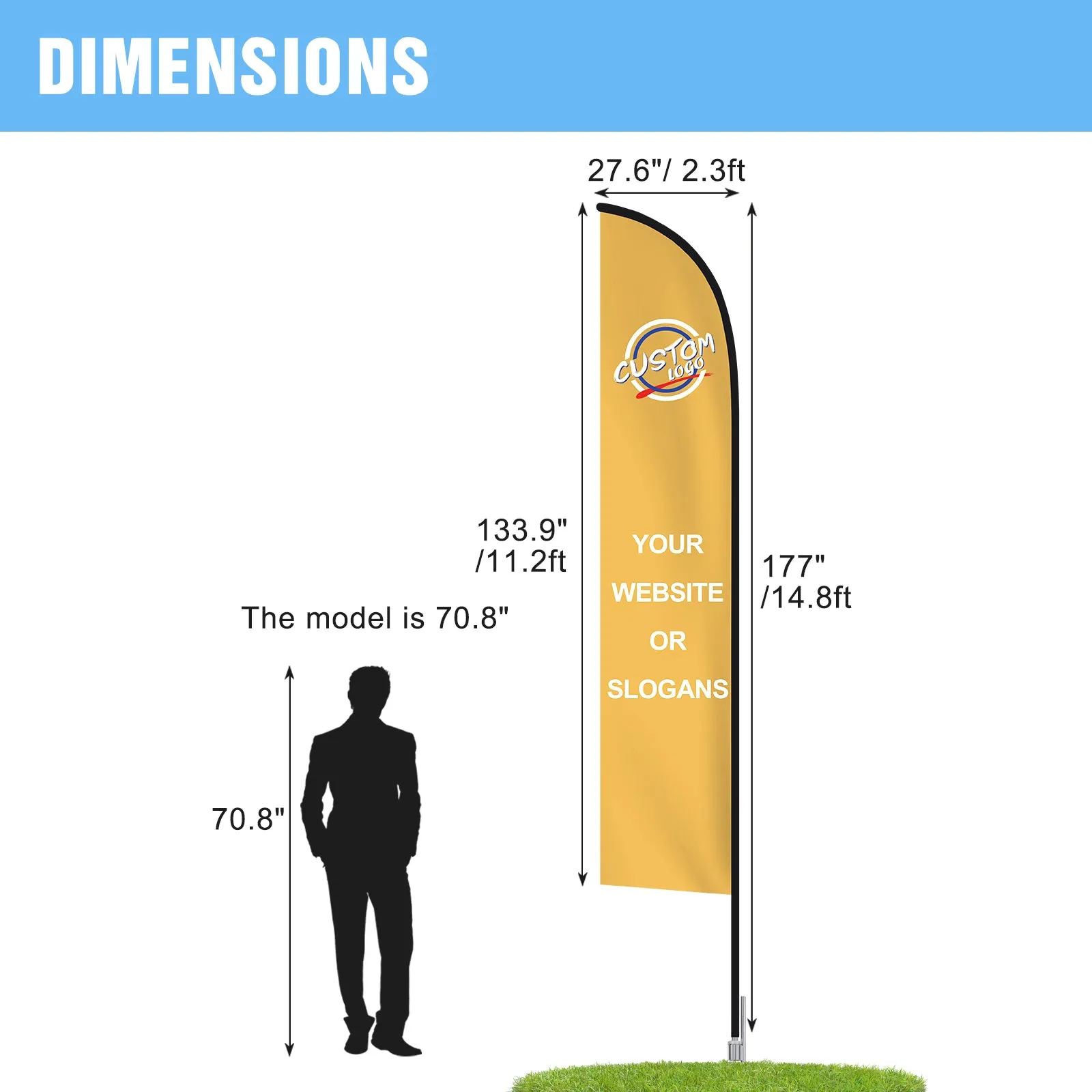 EAGLE PEAK Custom Printed Feather Flags with Your Logo and Design, Personalized Advertising Flags for Marketing, with Ground Spike & Carry Bag, 14.8x2.3 ft