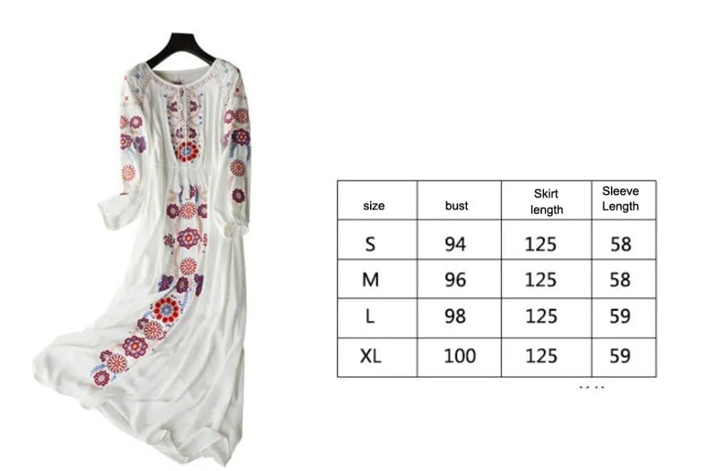 Elegant Cotton Embroidery White Maxi Dress with Intricate Floral Design