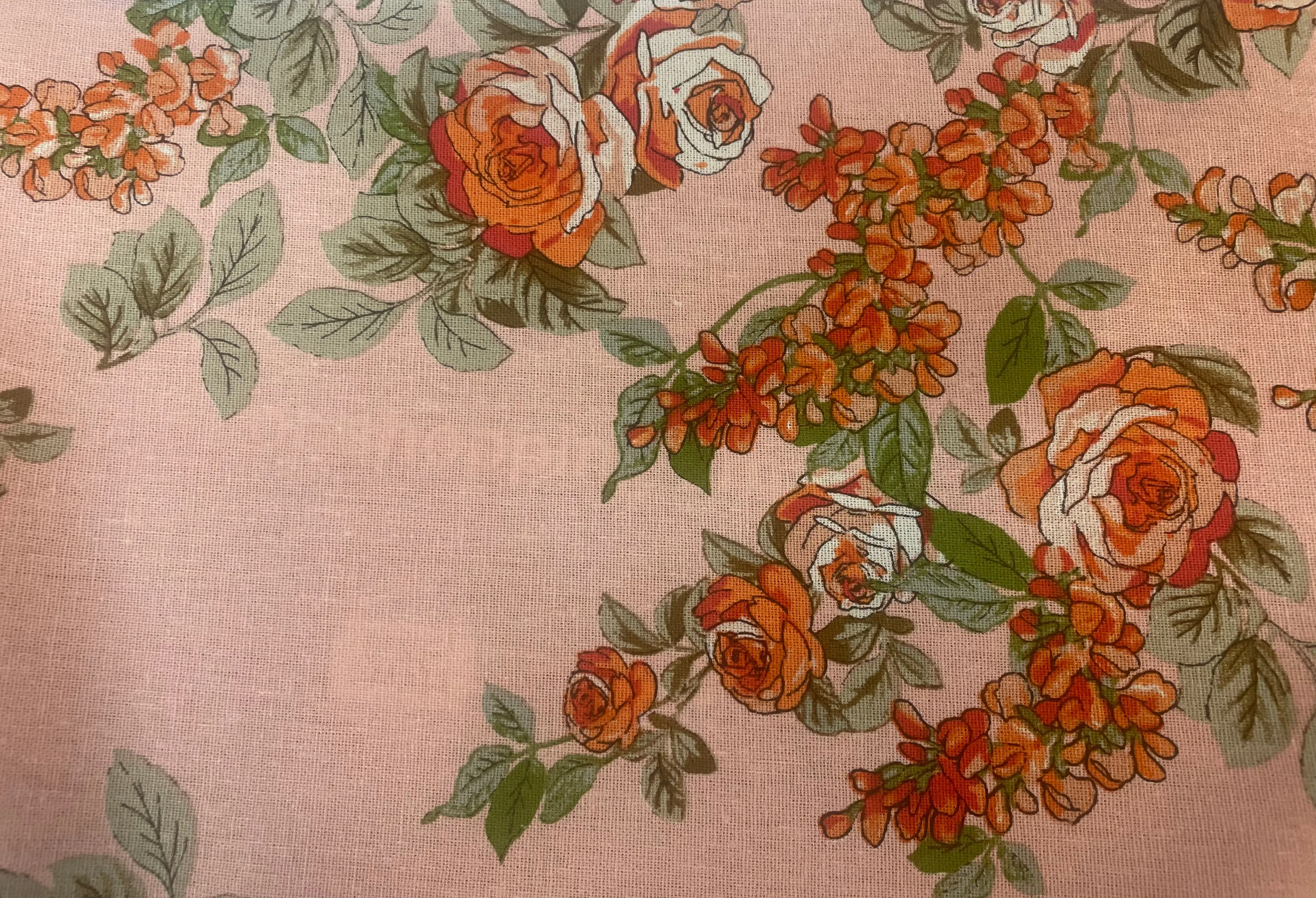 Floral Bouquet Linen Rayon - Pink, Red & Green