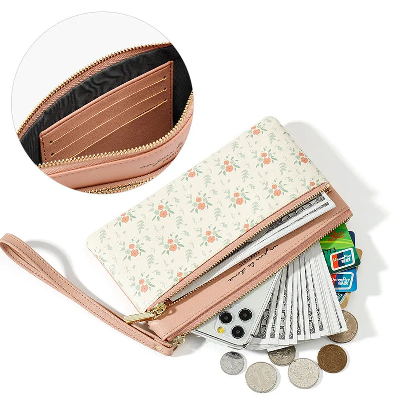 Floral Leather Long Wallet – Large-Capacity Zippered Handbag for Women