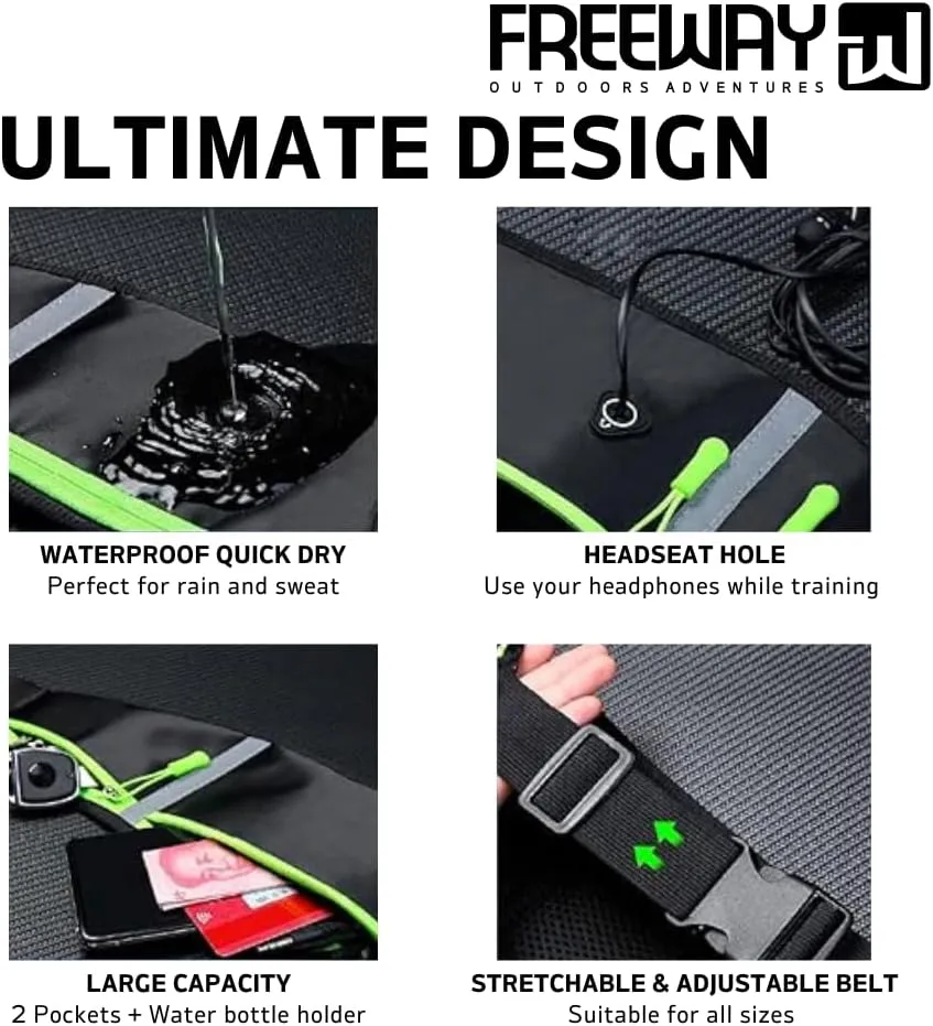 FREEWAYMultifunction Running Bag - Sports belt - Training Belt with Water Bottle Holder - Sports Belt with Zipper - for Men and Women (BLACK)