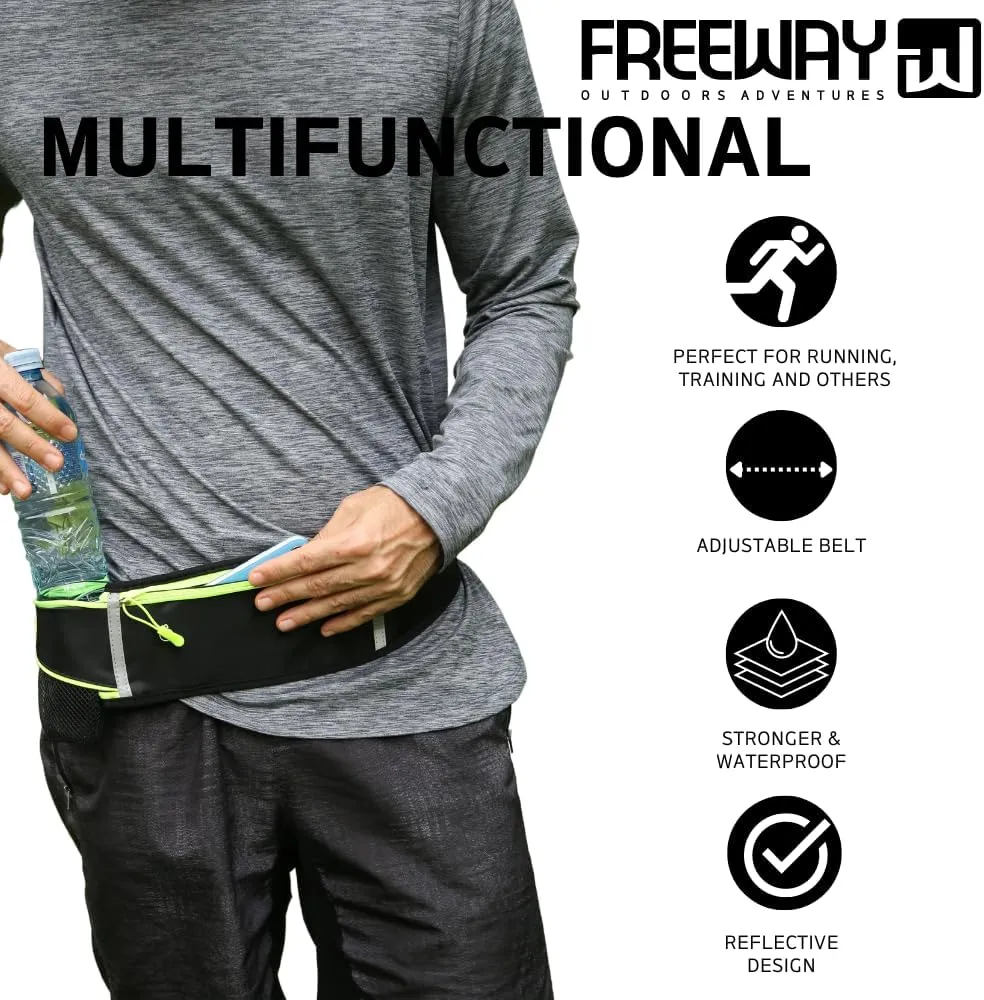 FREEWAYMultifunction Running Bag - Sports belt - Training Belt with Water Bottle Holder - Sports Belt with Zipper - for Men and Women (BLACK)