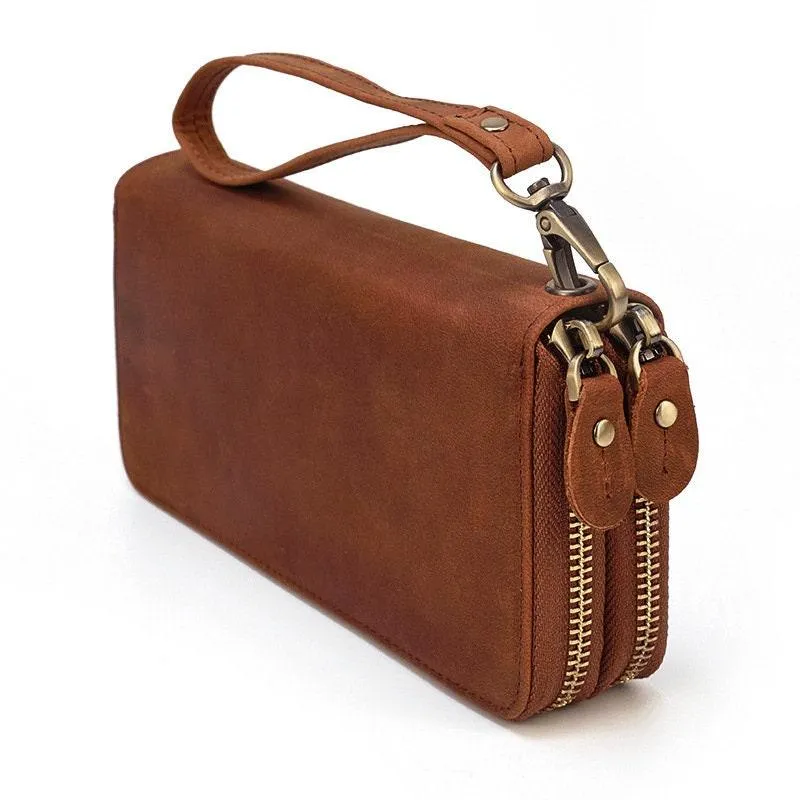 Full Grain Leather Long Wallet, Mens Zipper Wallet, Women Bifold Wallet, Heavy Duty Double-Layer Cowhide Tall Wallet, Fathers Gift for Him