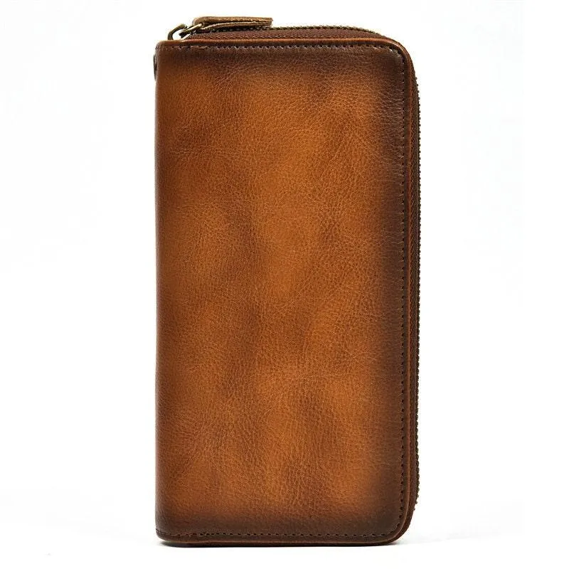Full Grain Leather Long Wallet, Mens Zipper Wallet, Women Bifold Wallet, Heavy Duty Double-Layer Cowhide Tall Wallet, Fathers Gift for Him