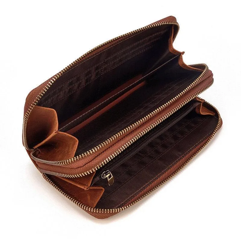 Full Grain Leather Long Wallet, Mens Zipper Wallet, Women Bifold Wallet, Heavy Duty Double-Layer Cowhide Tall Wallet, Fathers Gift for Him