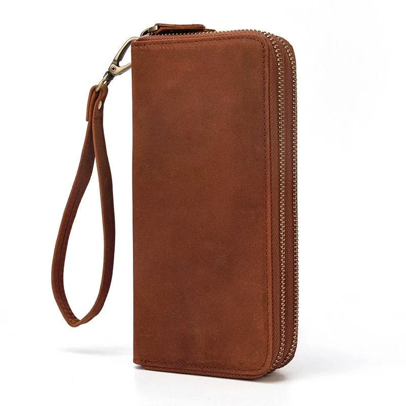 Full Grain Leather Long Wallet, Mens Zipper Wallet, Women Bifold Wallet, Heavy Duty Double-Layer Cowhide Tall Wallet, Fathers Gift for Him