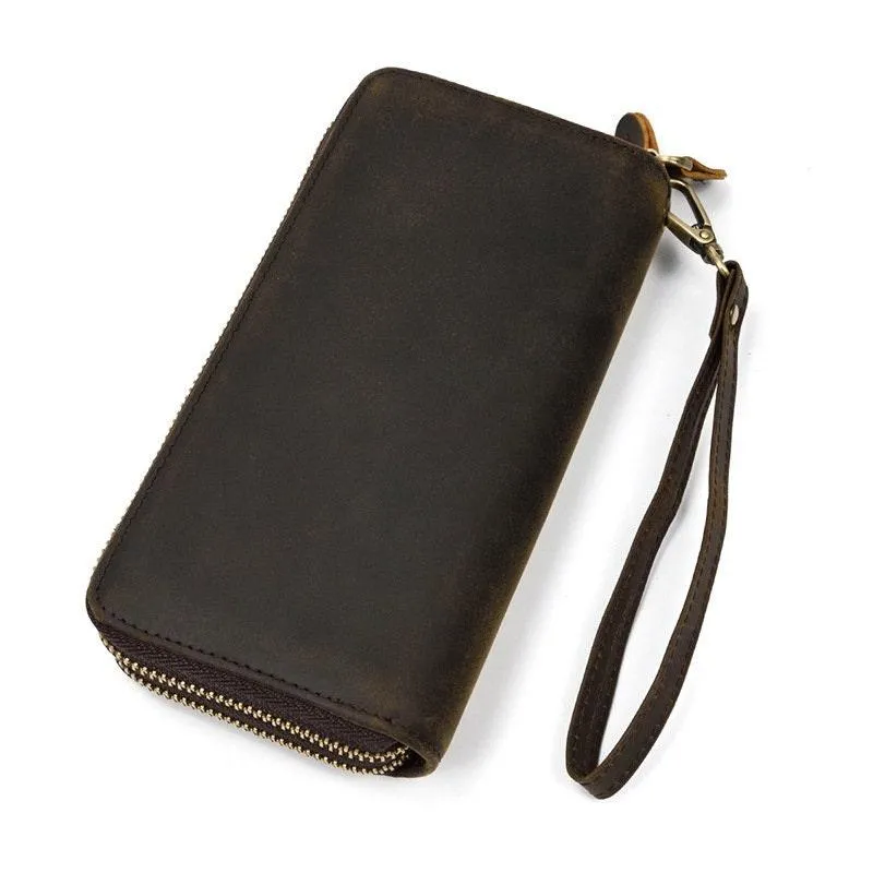 Full Grain Leather Long Wallet, Mens Zipper Wallet, Women Bifold Wallet, Heavy Duty Double-Layer Cowhide Tall Wallet, Fathers Gift for Him