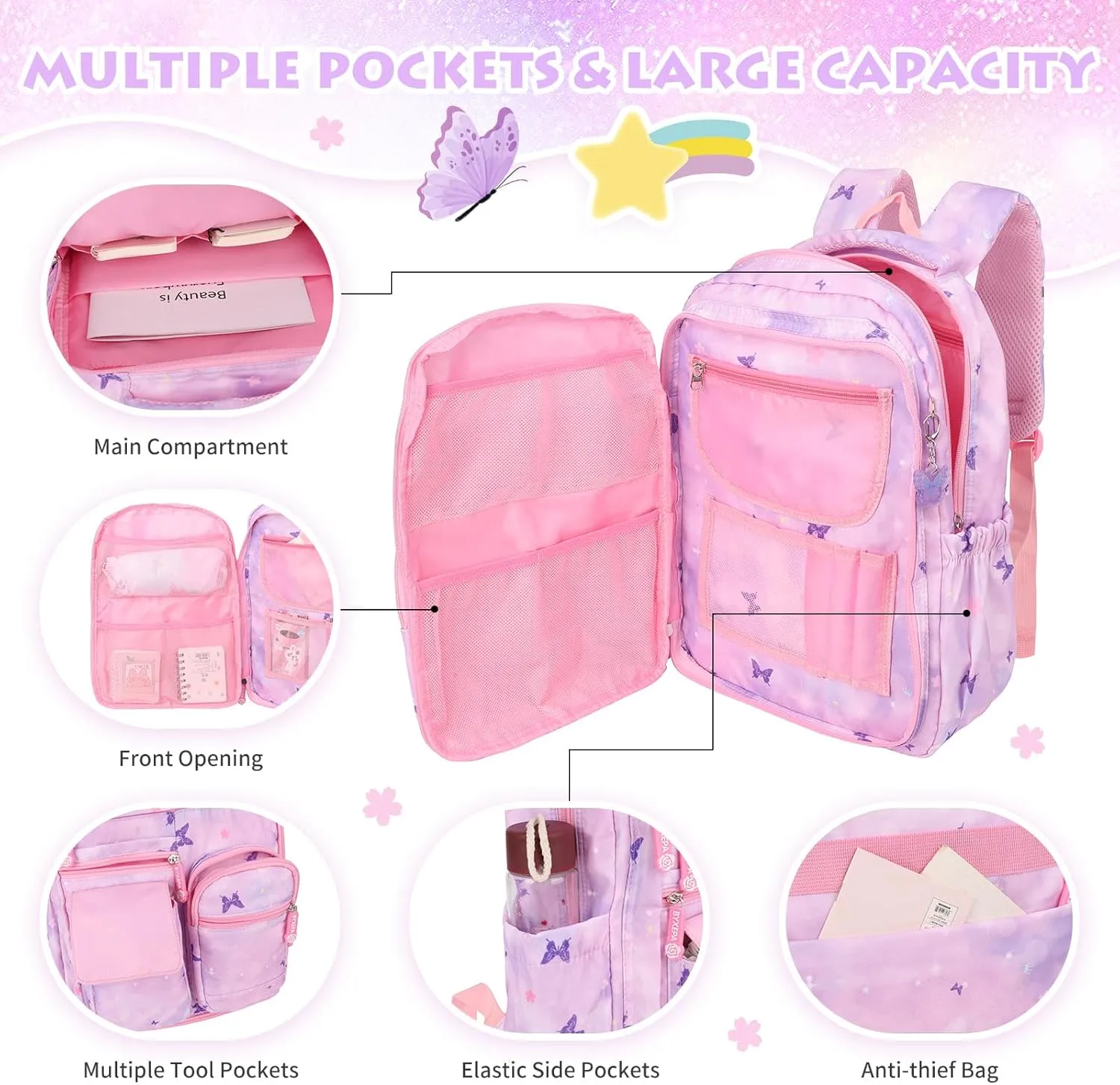 Girls Backpack, School Kids Backpacks for Girls, Kids' Cute Book Bag with Compartments for Girl Kid Students Elementary School, Purple Butterfly