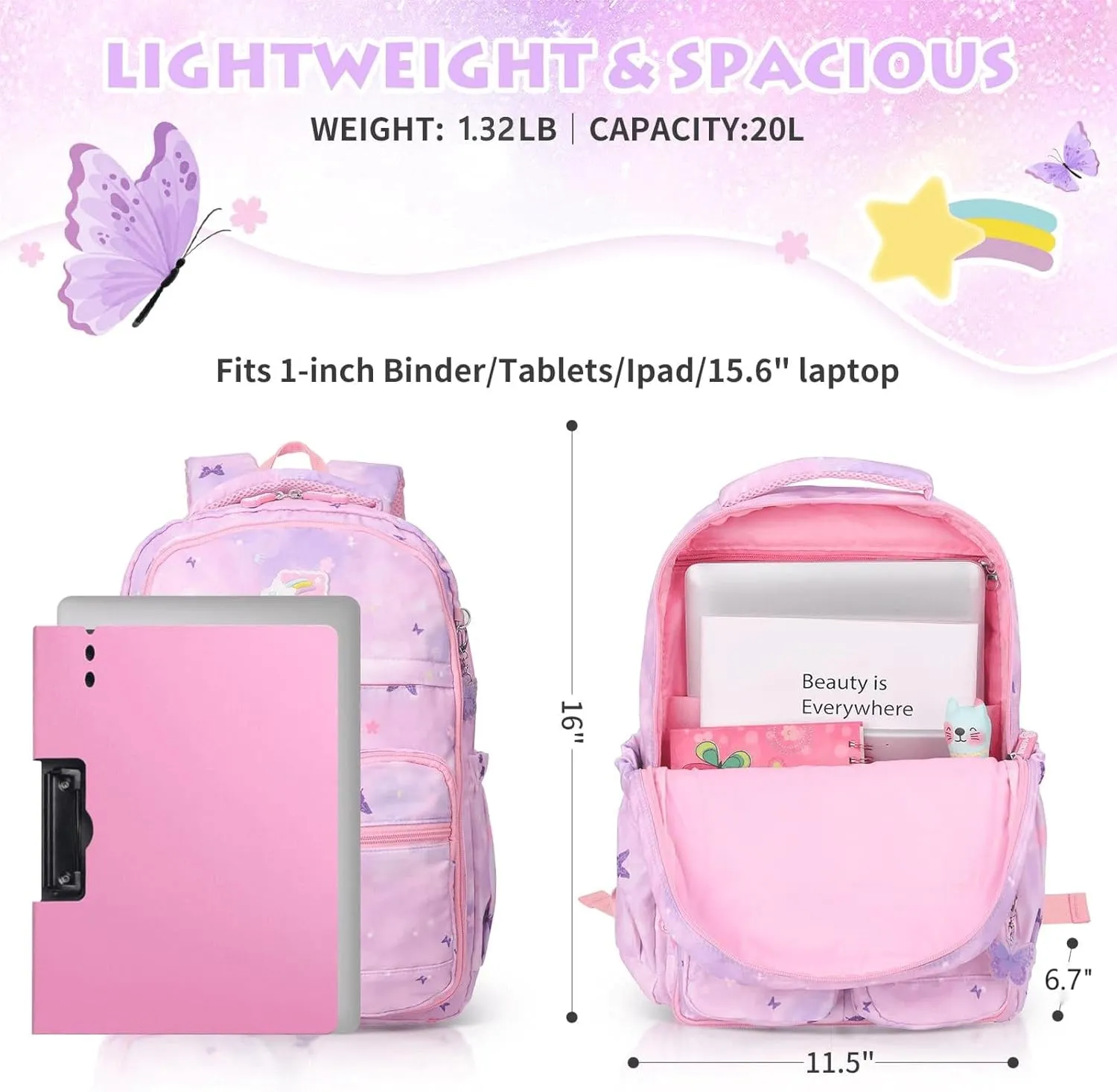 Girls Backpack, School Kids Backpacks for Girls, Kids' Cute Book Bag with Compartments for Girl Kid Students Elementary School, Purple Butterfly