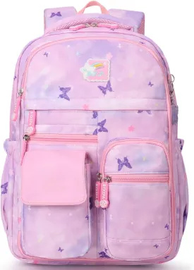 Girls Backpack, School Kids Backpacks for Girls, Kids' Cute Book Bag with Compartments for Girl Kid Students Elementary School, Purple Butterfly