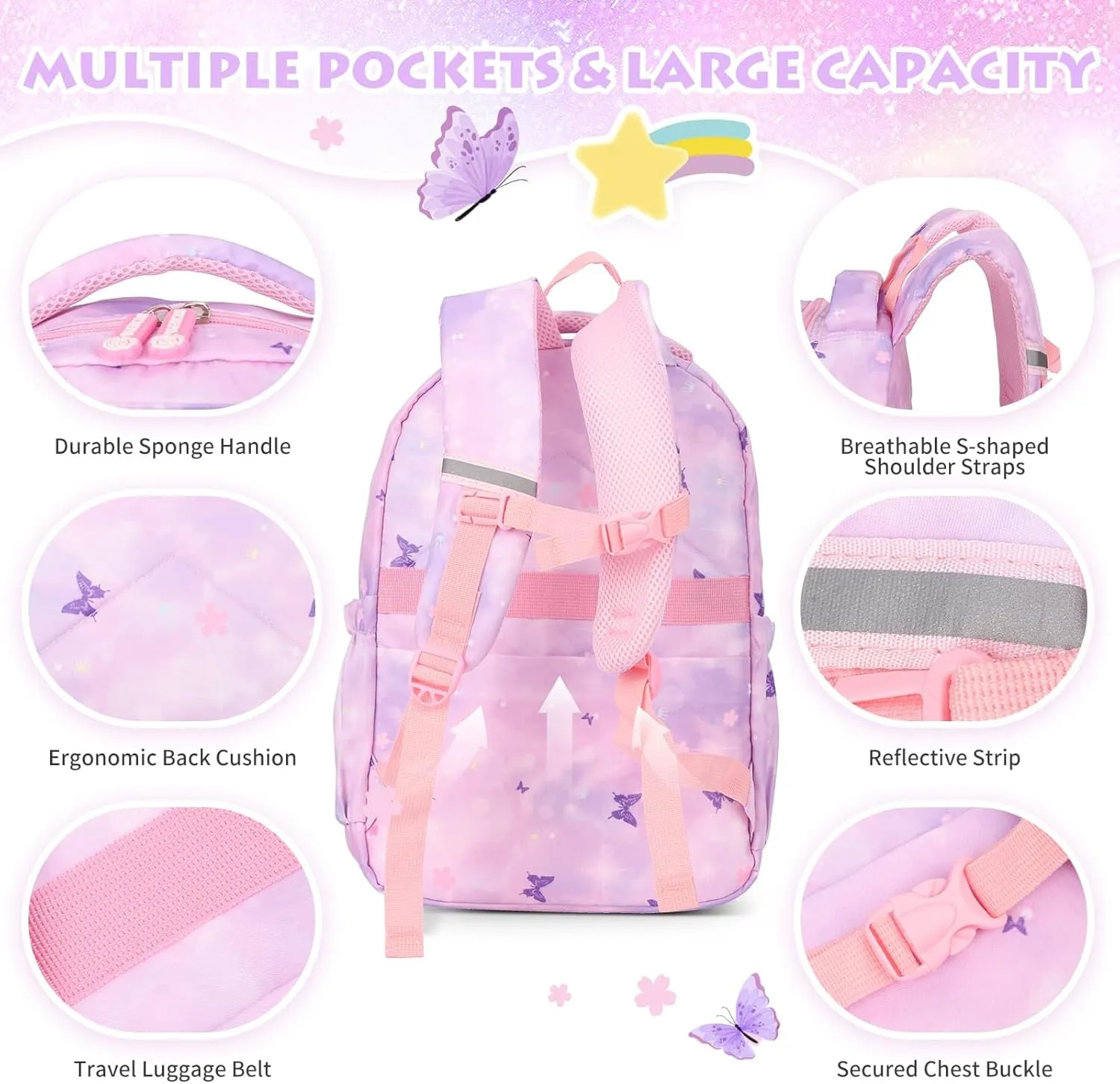 Girls Backpack, School Kids Backpacks for Girls, Kids' Cute Book Bag with Compartments for Girl Kid Students Elementary School, Purple Butterfly