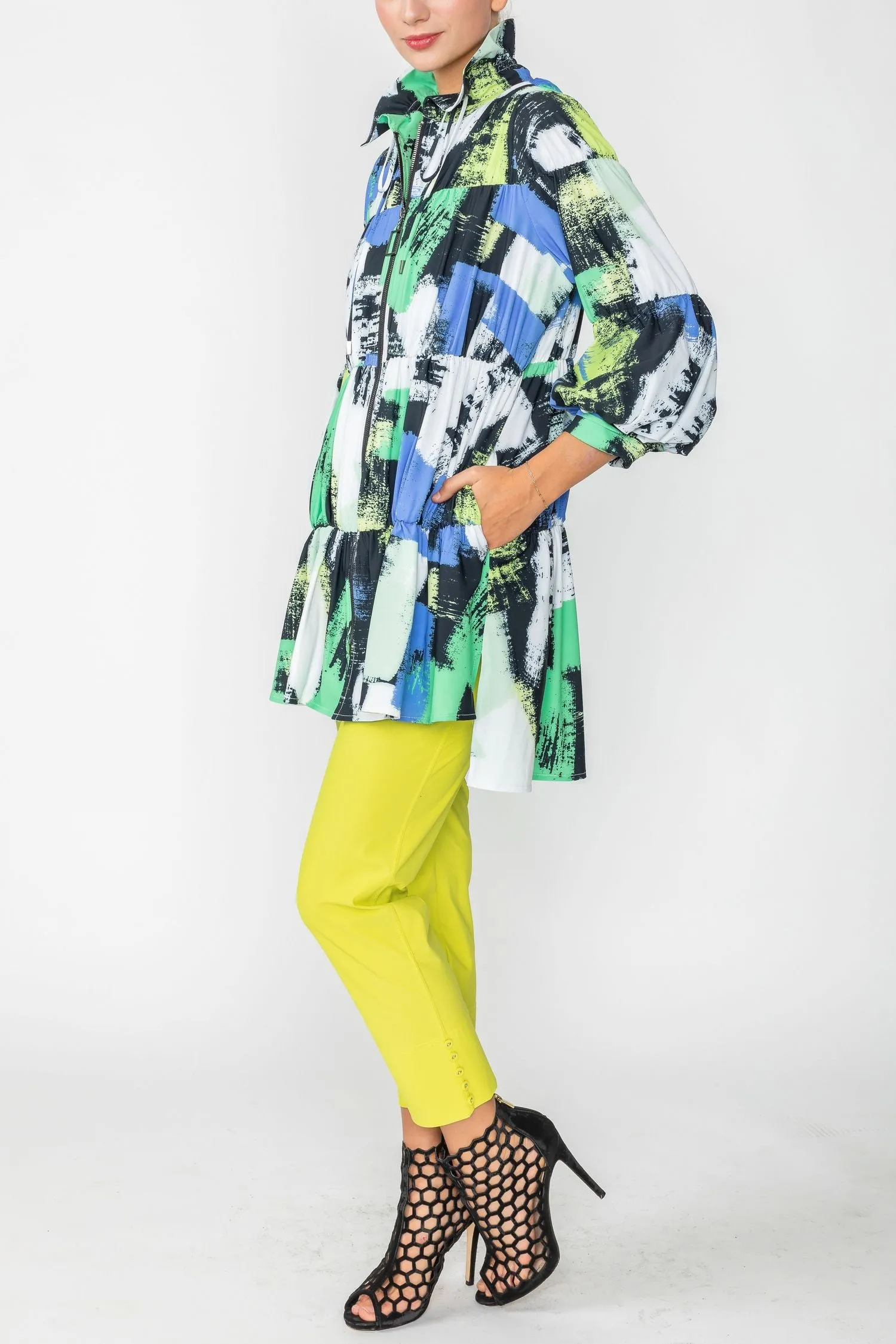 Green Drawing Stand Collar & Shirring Layered Jacket