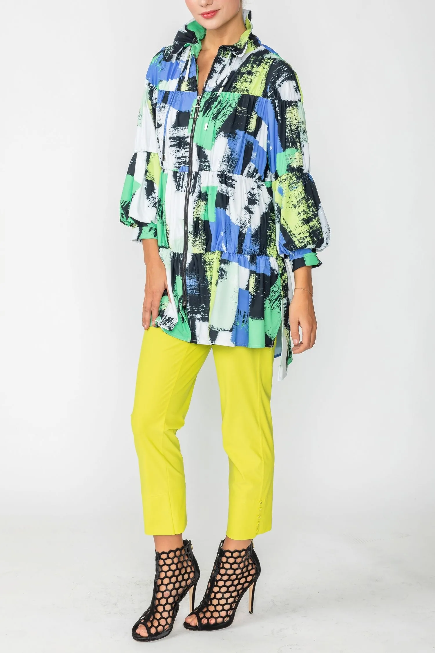 Green Drawing Stand Collar & Shirring Layered Jacket