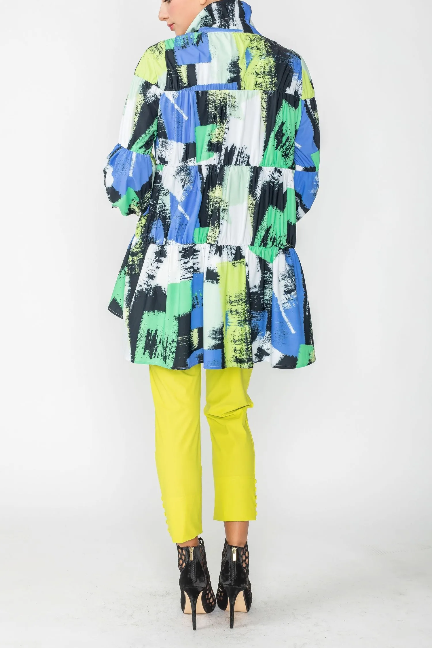 Green Drawing Stand Collar & Shirring Layered Jacket