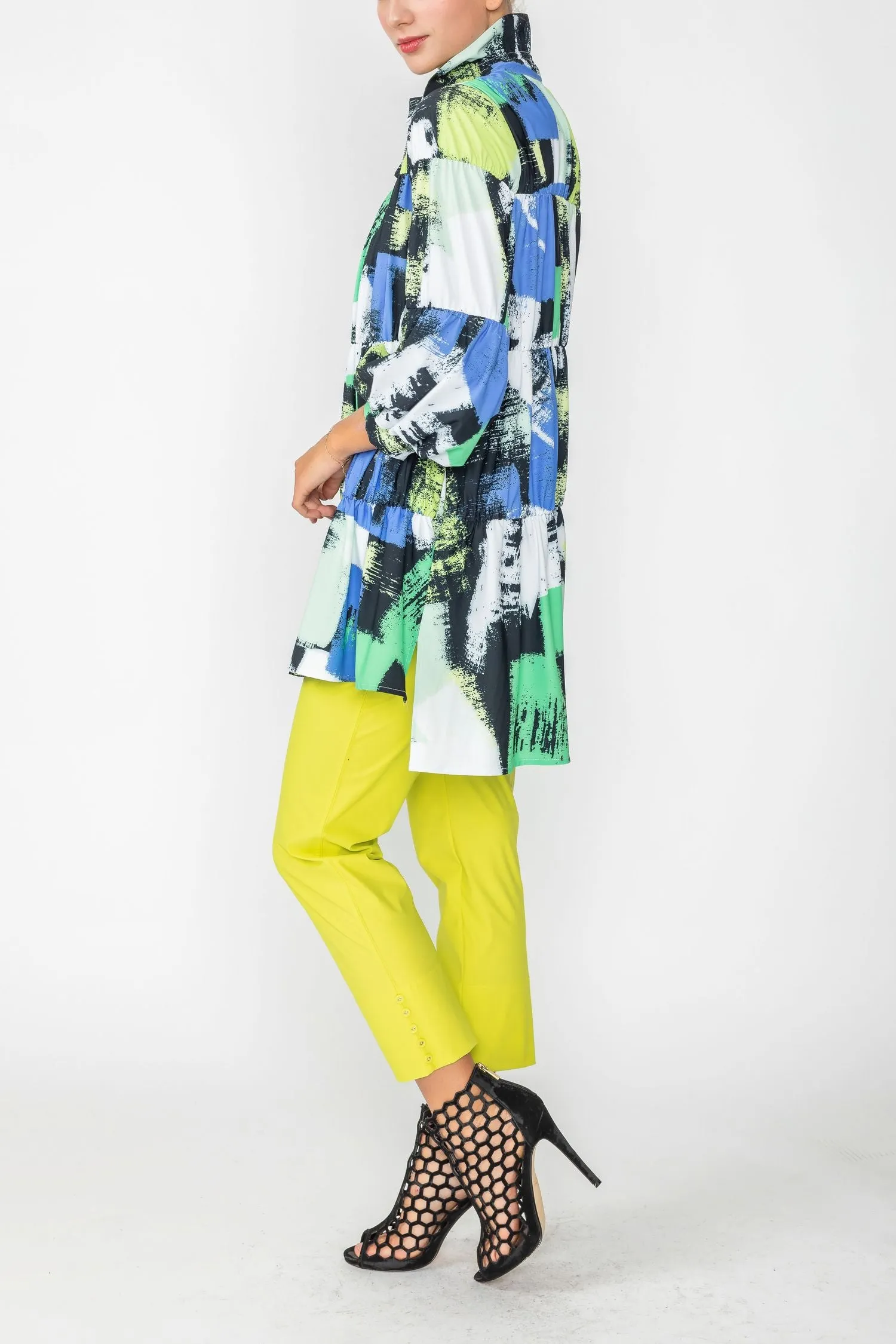 Green Drawing Stand Collar & Shirring Layered Jacket