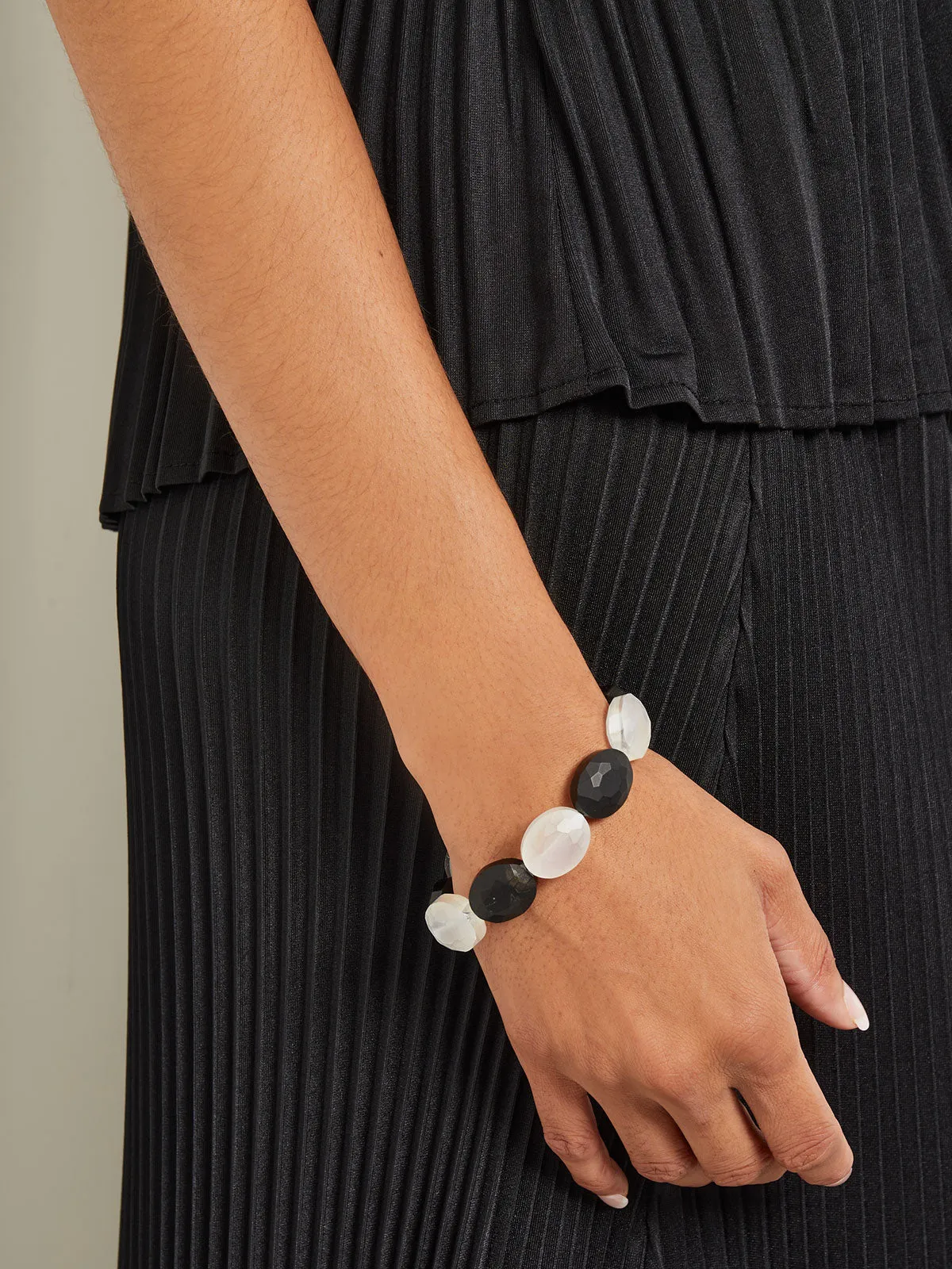 Handmade Matte Black & White Crystal Stretch Bracelet