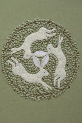 Handmade Three White Rabbits Embroidery Wall Art for small living room, Green Vines Pattern, Cotton Linen Round Frame Home Decor