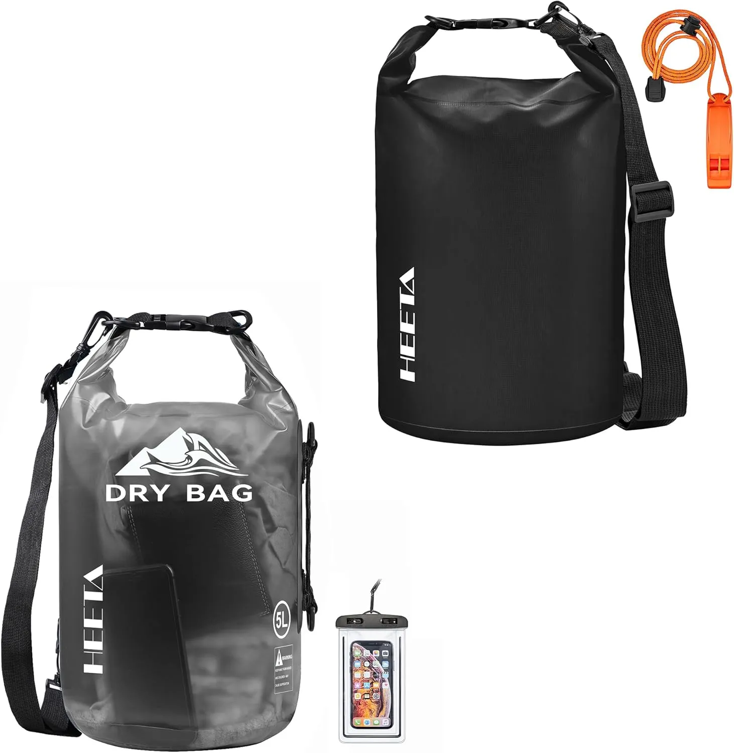 HEETA Waterproof Dry Bag with Phone Case (Black 5L) Bundled with Upgraded Version with Emergency Whistle (Black 5L) for Women & Men, Kayaking, Travel, Boating, Camping & Beach