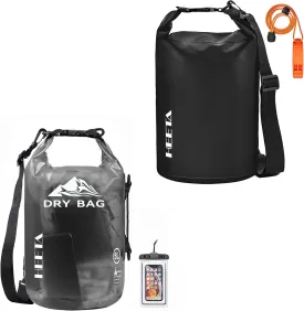 HEETA Waterproof Dry Bag with Phone Case (Black 5L) Bundled with Upgraded Version with Emergency Whistle (Black 5L) for Women & Men, Kayaking, Travel, Boating, Camping & Beach