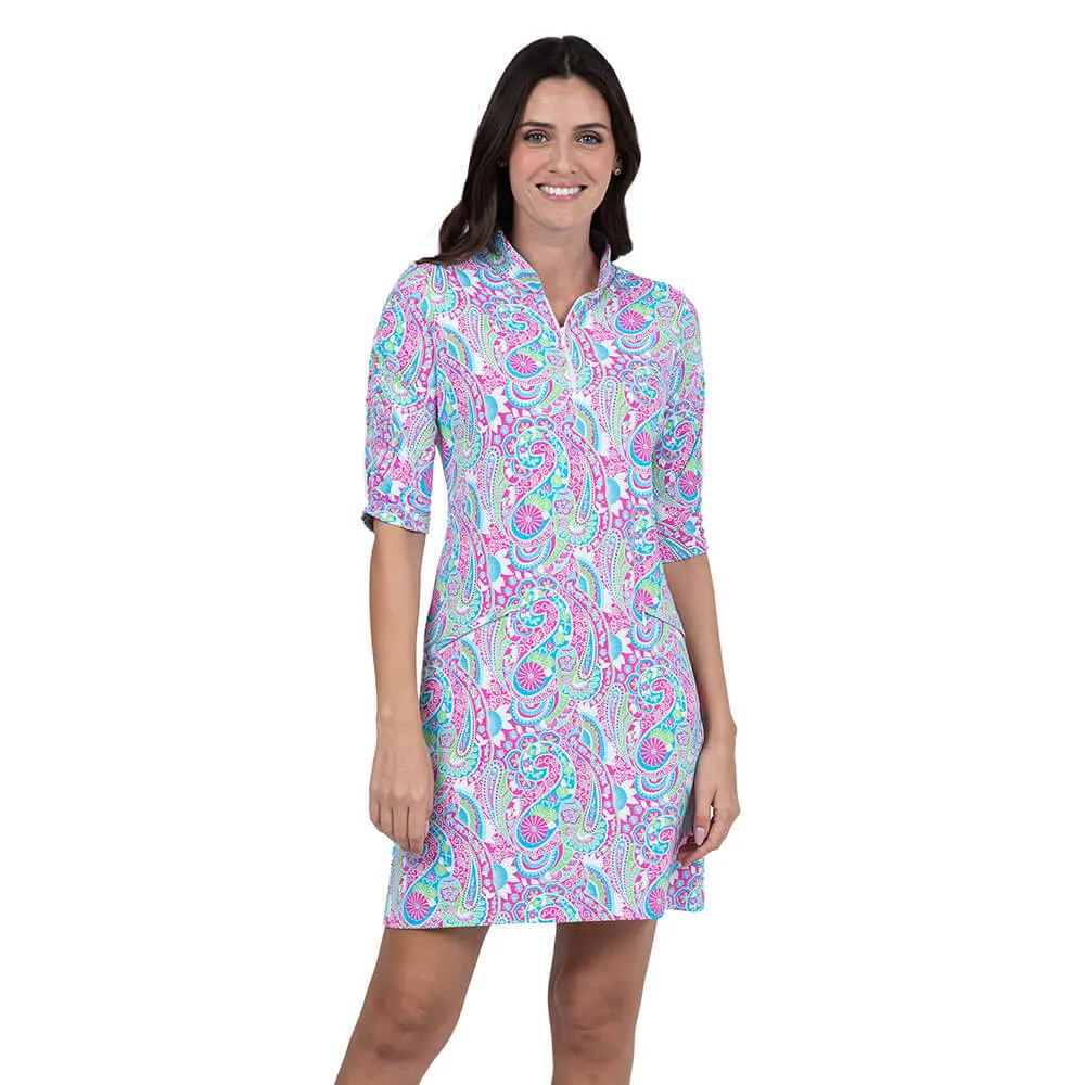 IBKUL Women's Gloria Print Elbow Sleeve Dress - Hot Pink/Turquoise