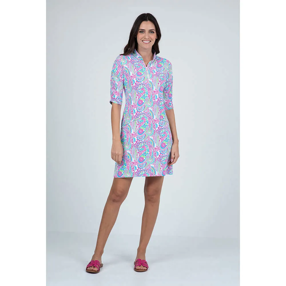 IBKUL Women's Gloria Print Elbow Sleeve Dress - Hot Pink/Turquoise