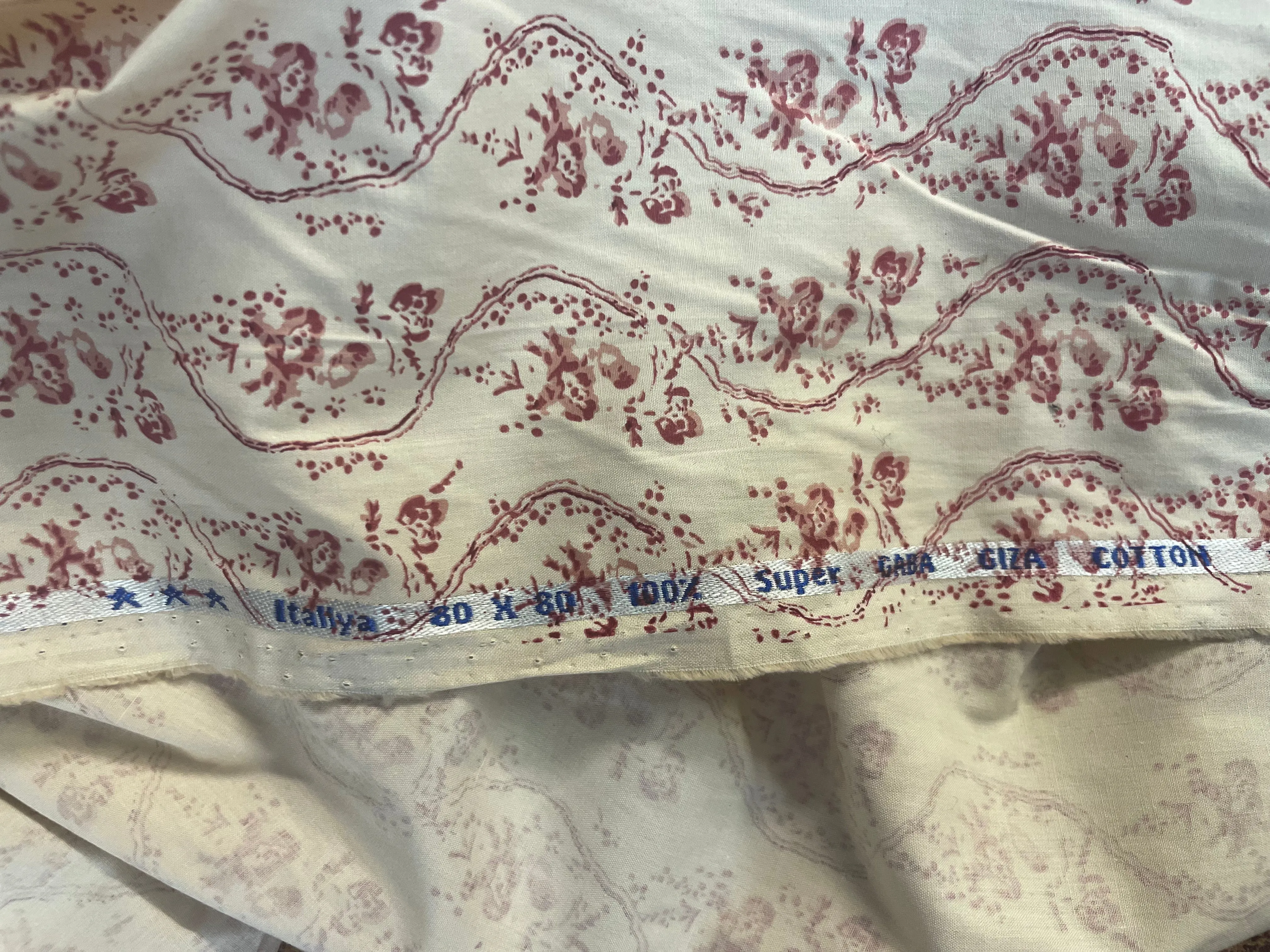Elegant Italian Floral Giza Cotton Fabric - Cream and Maroon