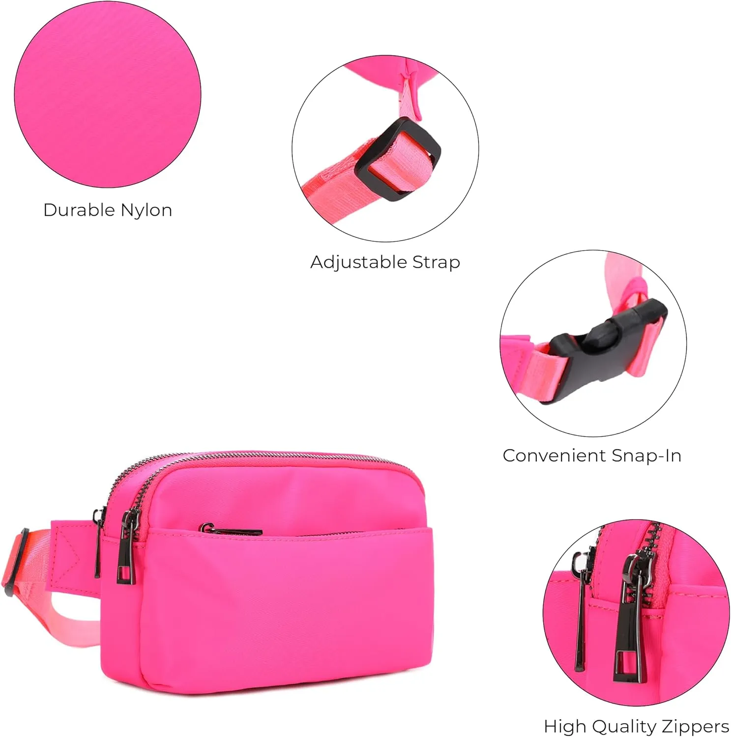 Jessie & James Crossbody Nylon Waist Pack with Adjustable Buckle Strap Fashion Multi Pocket Belt Bag| Neon Pink