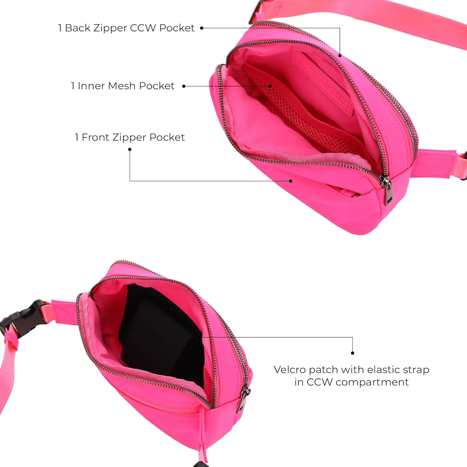 Jessie & James Crossbody Nylon Waist Pack with Adjustable Buckle Strap Fashion Multi Pocket Belt Bag| Neon Pink