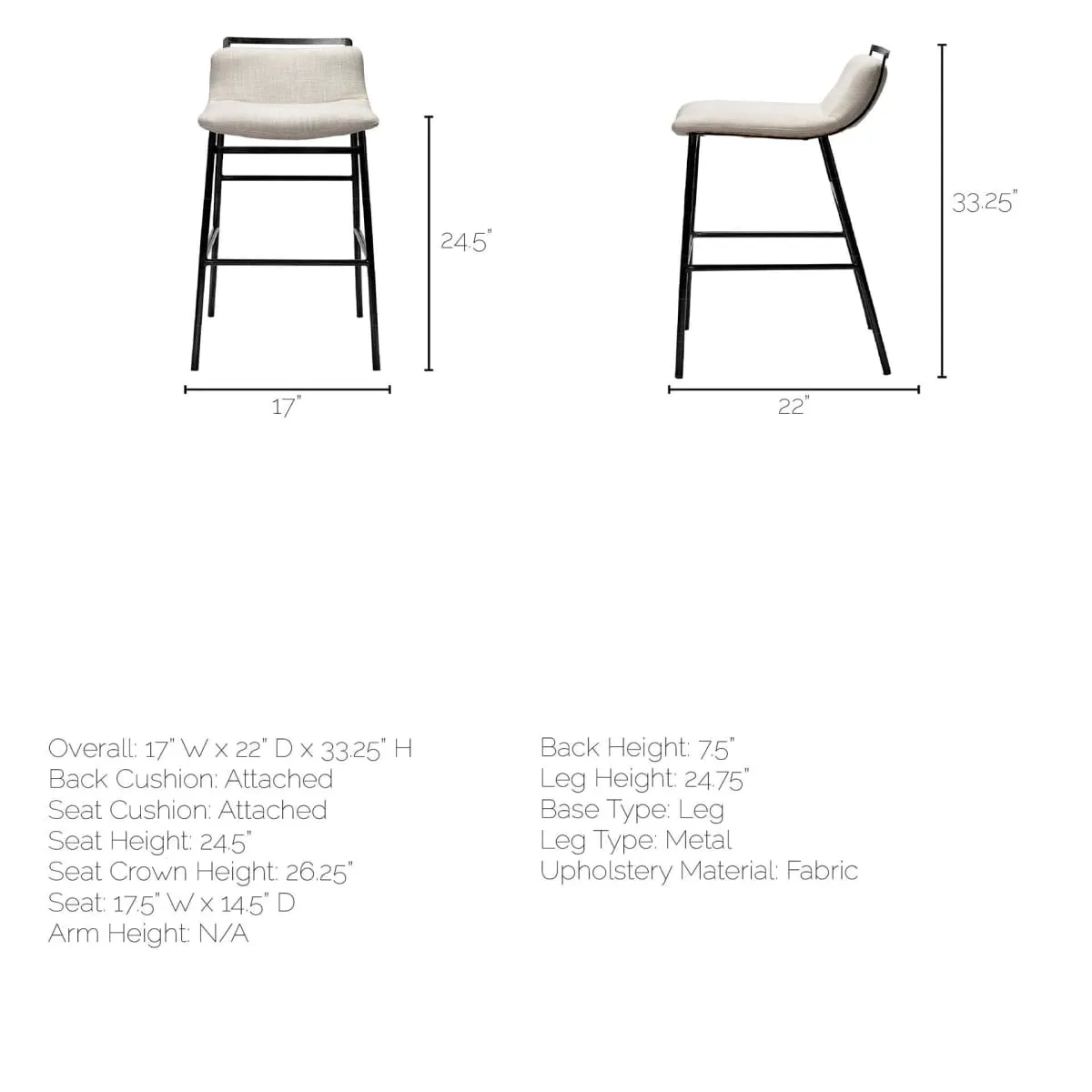 Kavalan Bar Counter Stool Beige Fabric | Gray Metal | Counter
