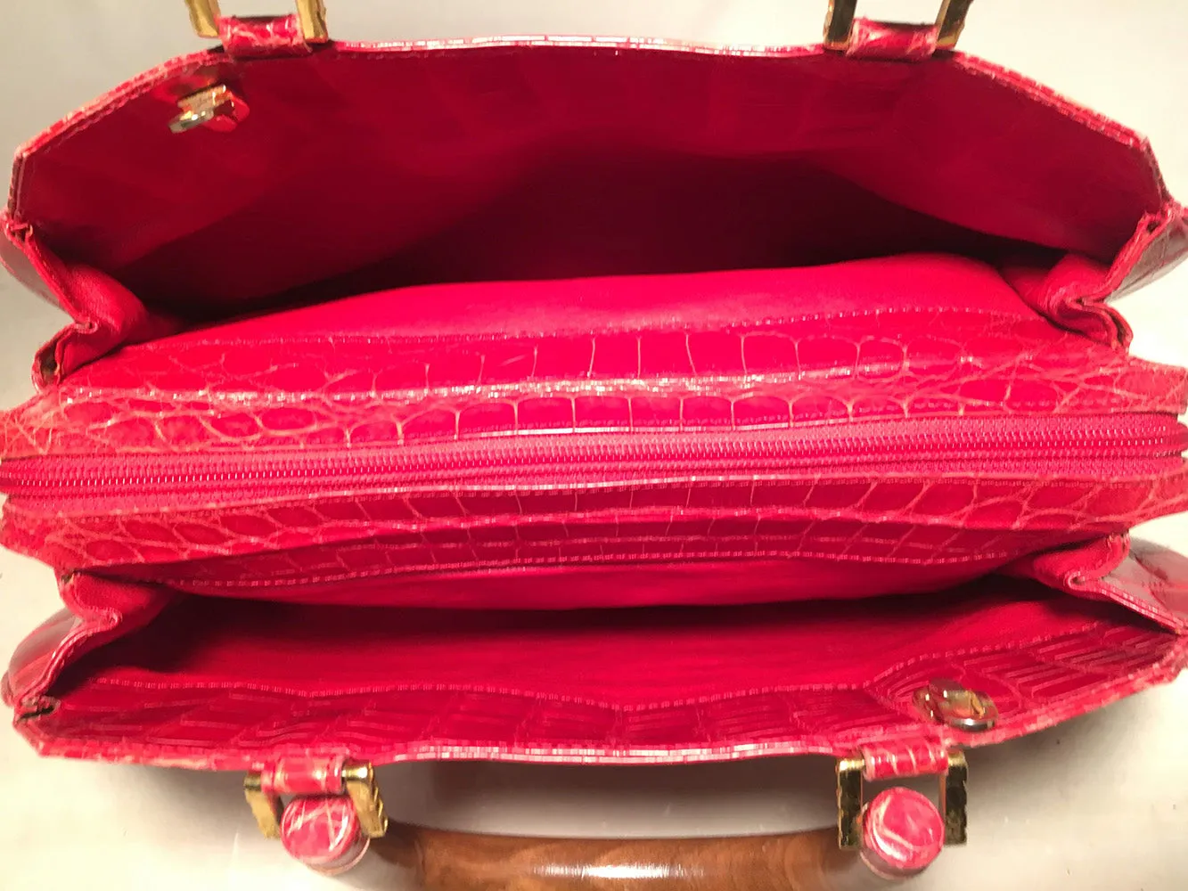 Lana Marks Red Crocodile Wood Handle Handbag