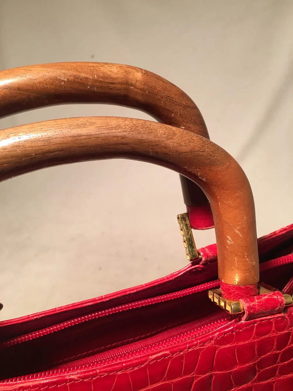 Lana Marks Red Crocodile Wood Handle Handbag