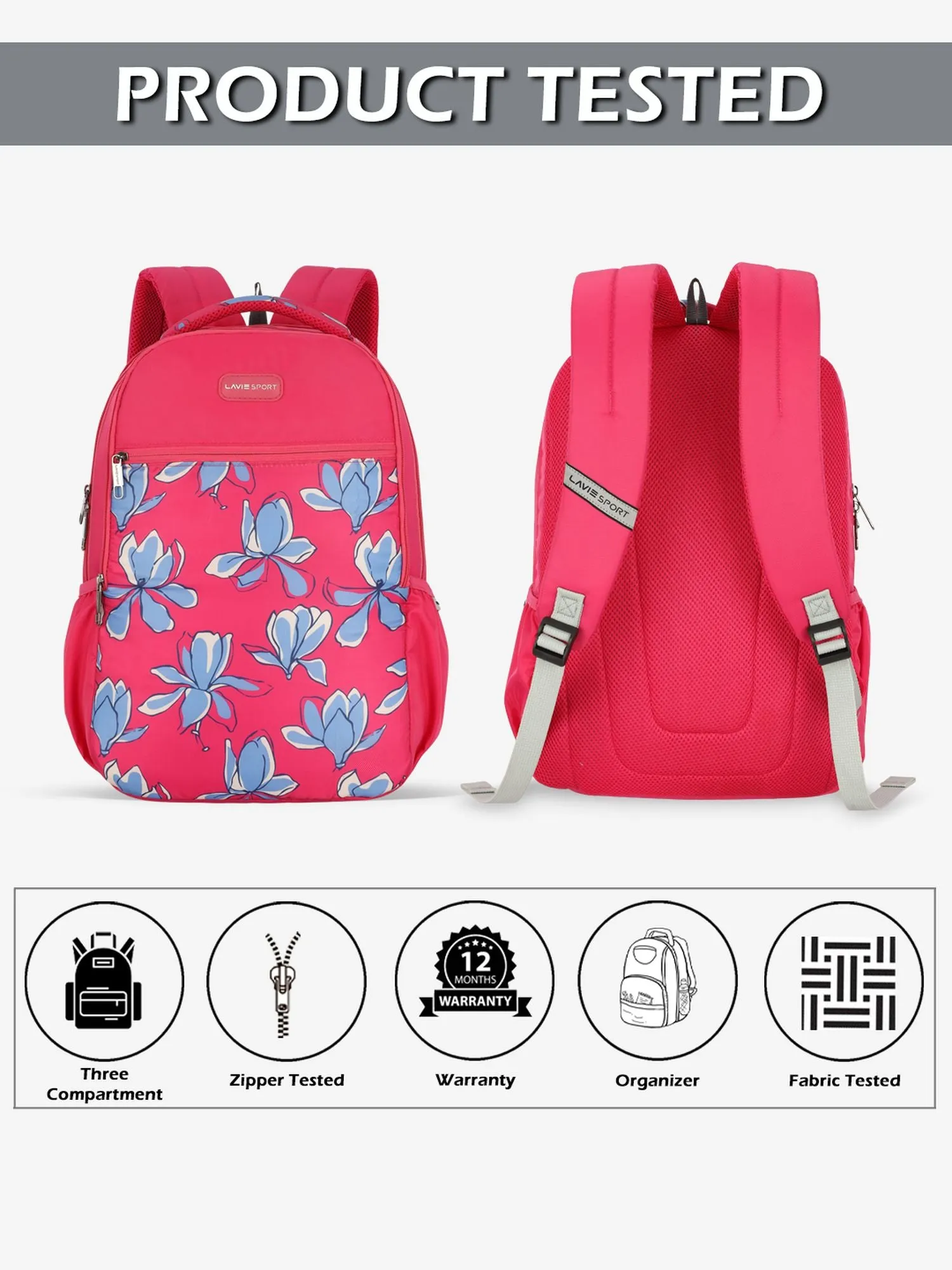Lavie Sport Bloomy 26L Floral Printed School Backpack for Girls Magenta