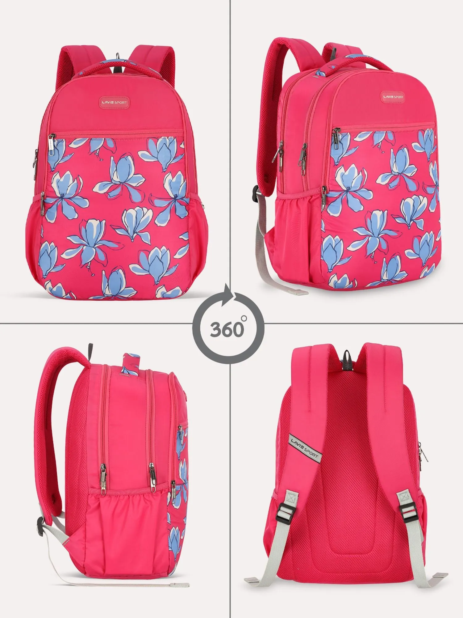Lavie Sport Bloomy 26L Floral Printed School Backpack for Girls Magenta