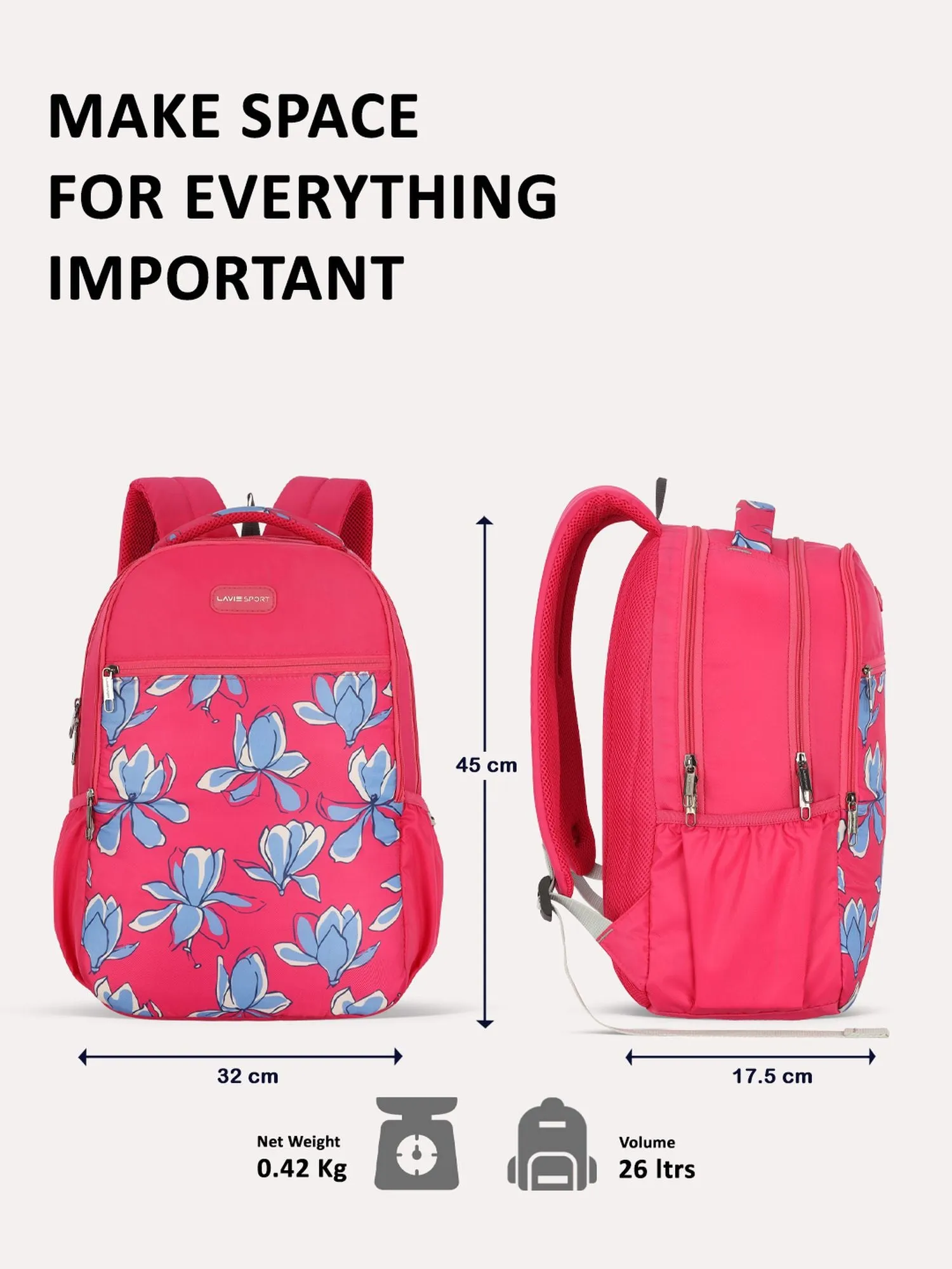 Lavie Sport Bloomy 26L Floral Printed School Backpack for Girls Magenta