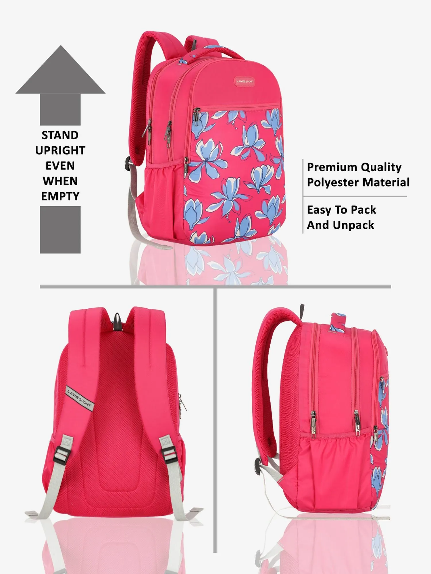 Lavie Sport Bloomy 26L Floral Printed School Backpack for Girls Magenta
