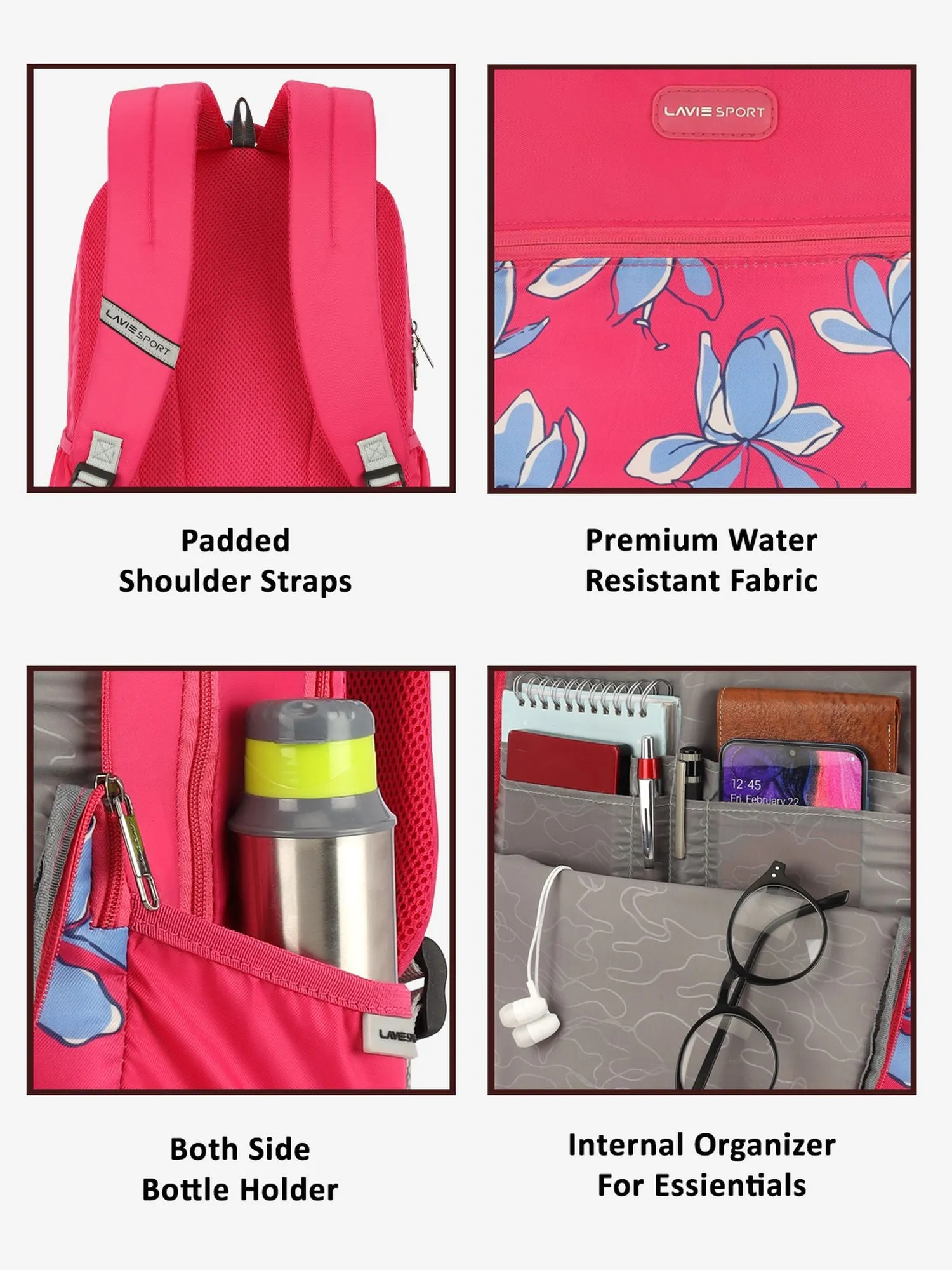 Lavie Sport Bloomy 26L Floral Printed School Backpack for Girls Magenta