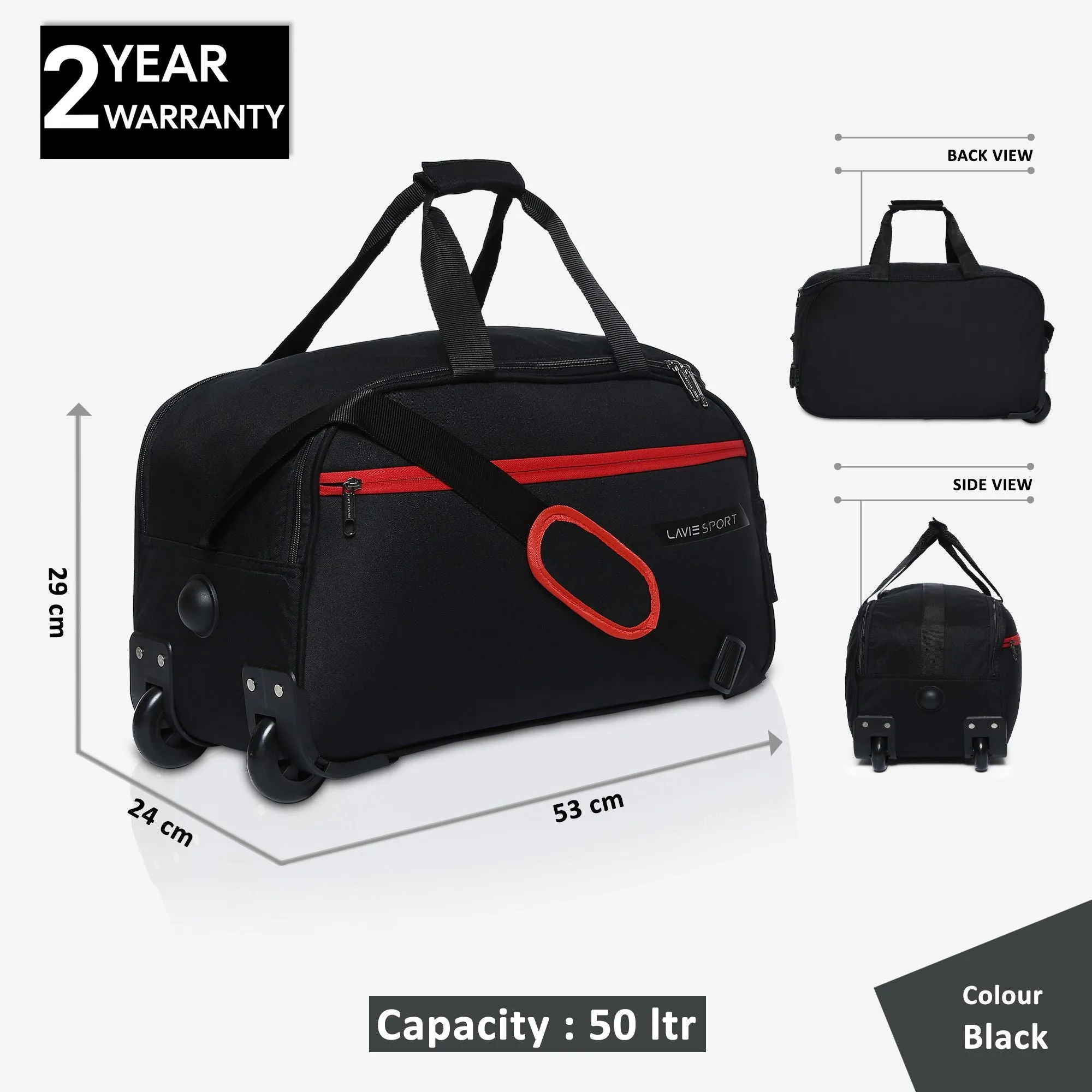 Lavie Sport Lino M Cabin Size 53 Cms Wheel Duffle Bag | 2 Wheel Duffle Bag Black