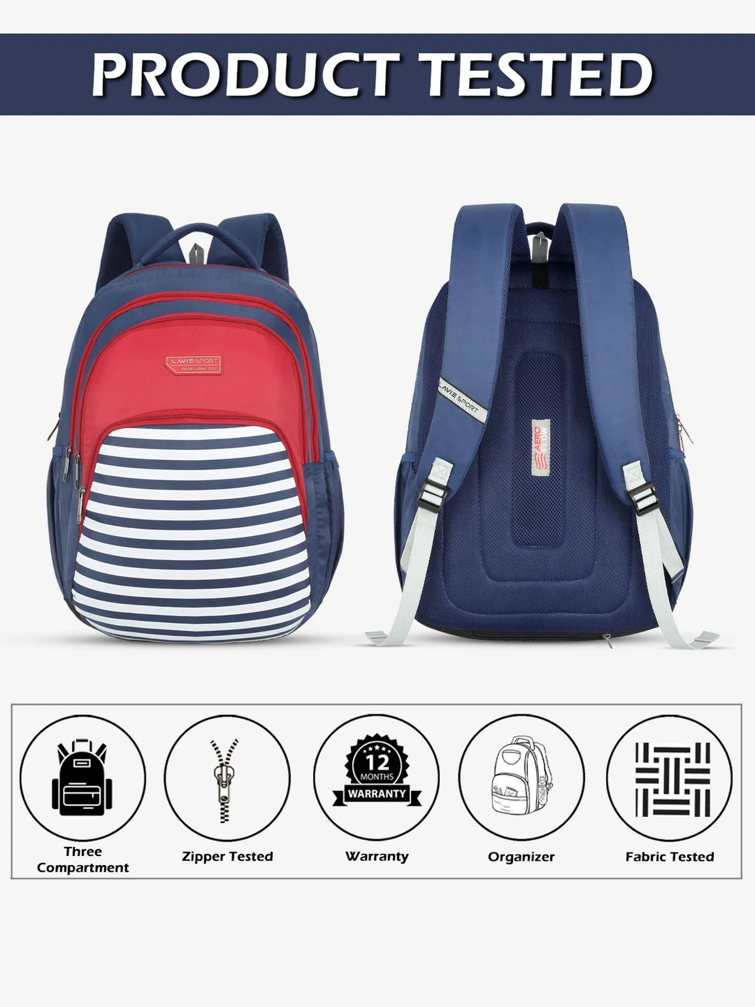 Lavie Sport Nautical 39L Printed School Unisex Backpack with Rain cover for Boys/Girls Navy