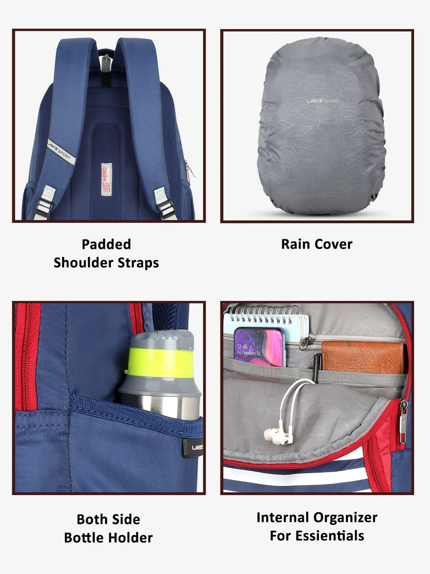Lavie Sport Nautical 39L Printed School Unisex Backpack with Rain cover for Boys/Girls Navy