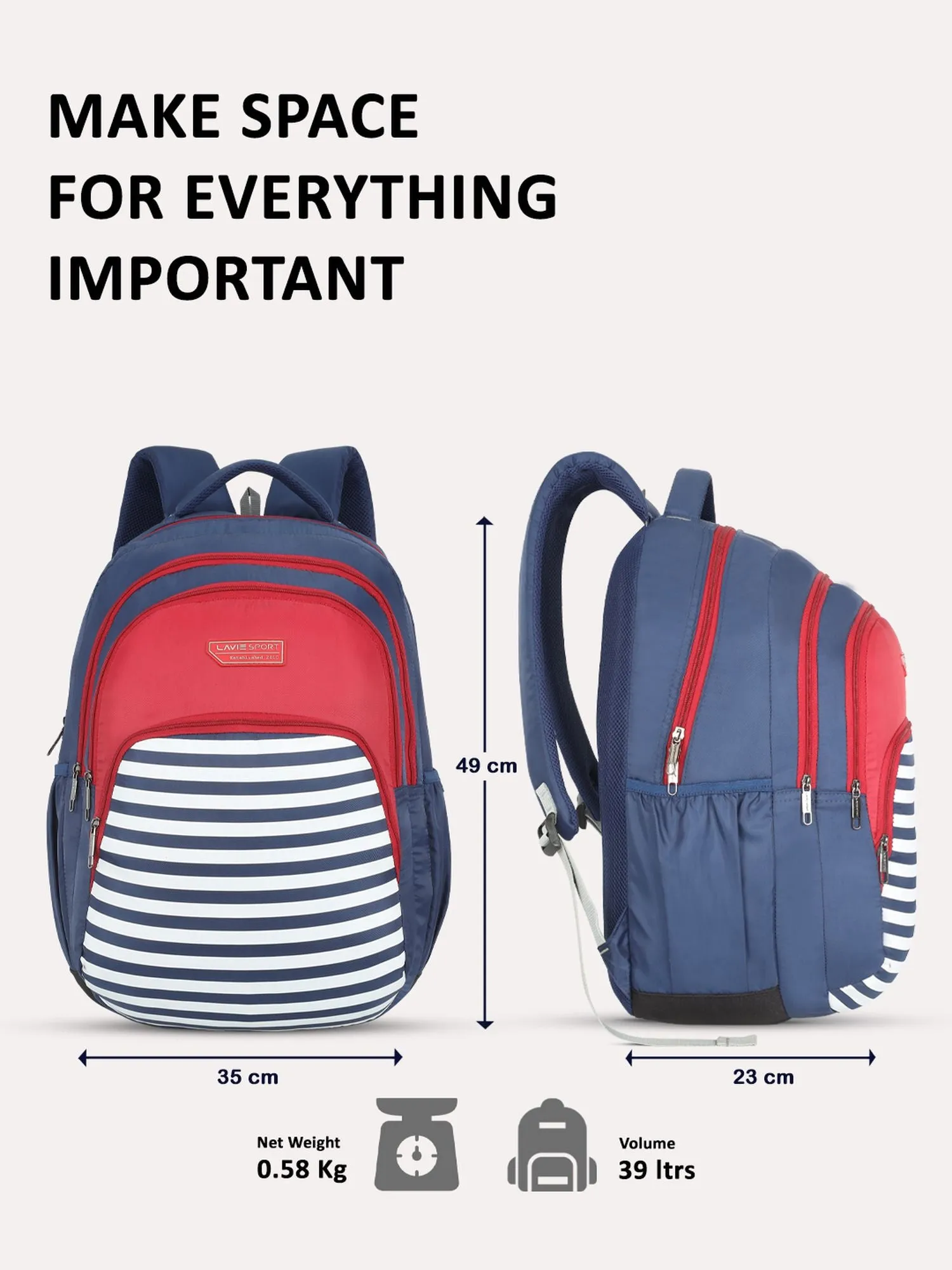 Lavie Sport Nautical 39L Printed School Unisex Backpack with Rain cover for Boys/Girls Navy