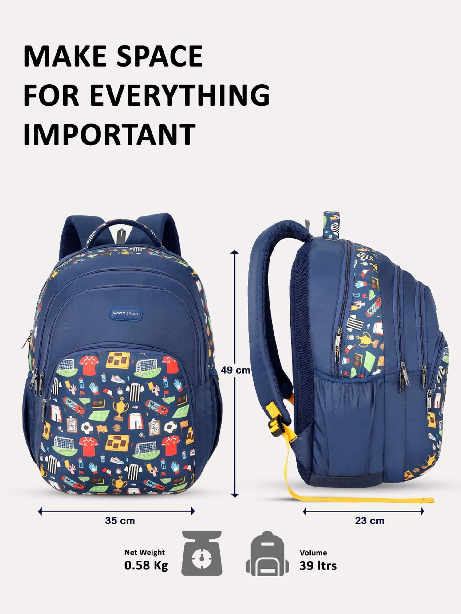 Lavie Sport Sporty 39L Printed School Unisex Backpack with Rain cover for Boys/Girls Navy