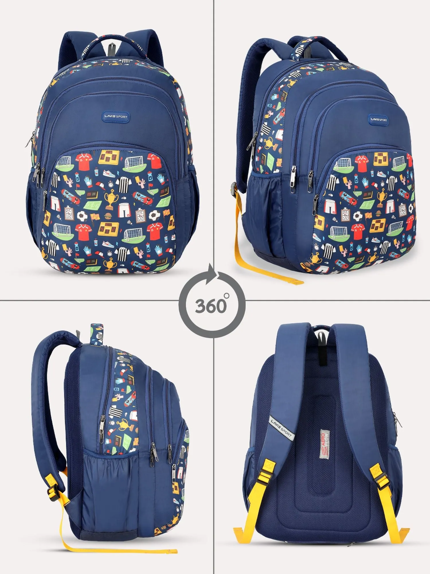 Lavie Sport Sporty 39L Printed School Unisex Backpack with Rain cover for Boys/Girls Navy