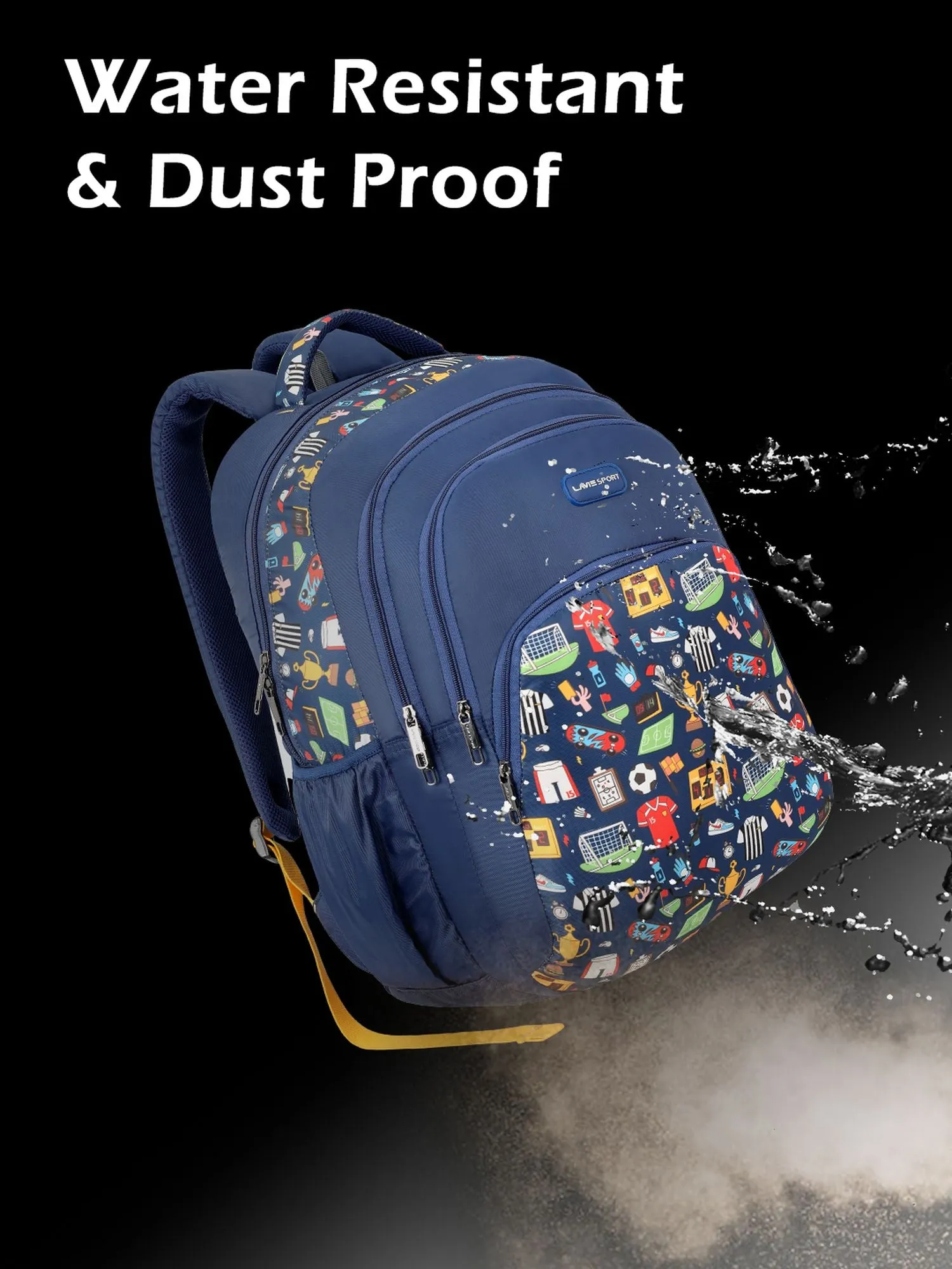 Lavie Sport Sporty 39L Printed School Unisex Backpack with Rain cover for Boys/Girls Navy