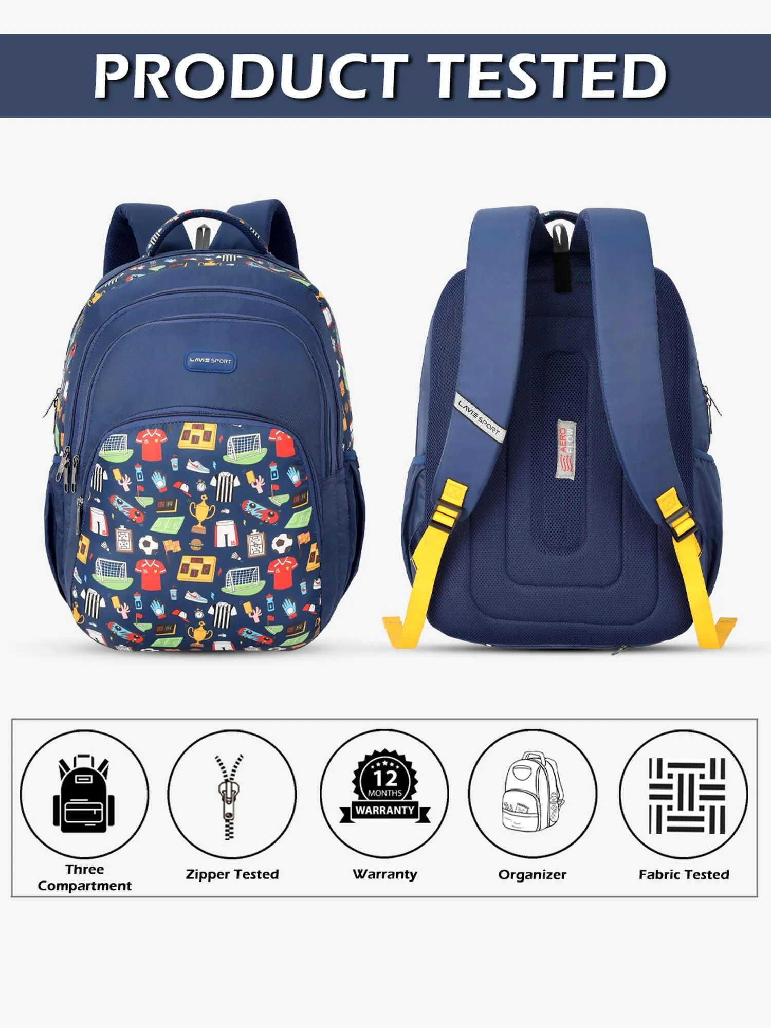 Lavie Sport Sporty 39L Printed School Unisex Backpack with Rain cover for Boys/Girls Navy