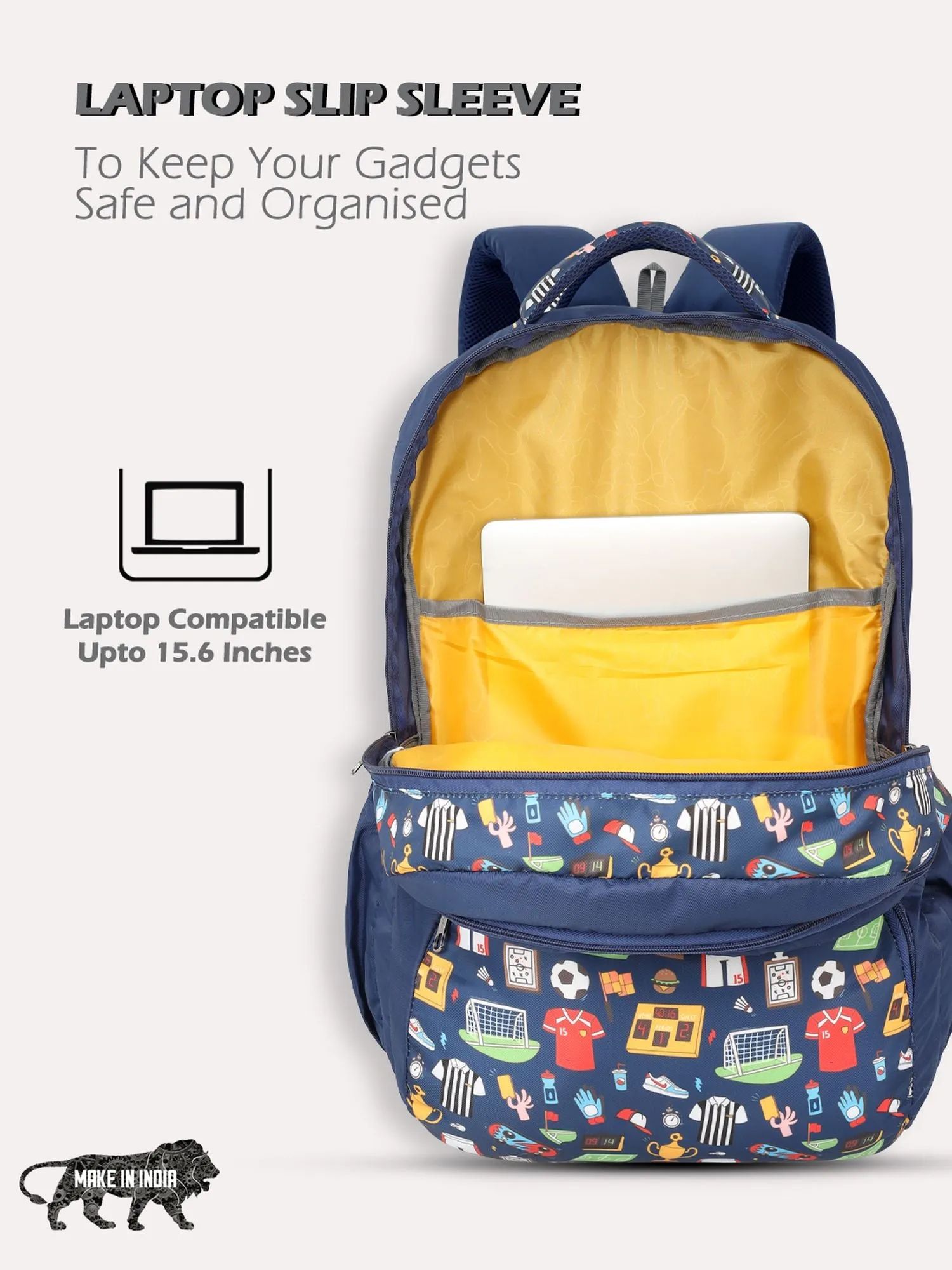 Lavie Sport Sporty 39L Printed School Unisex Backpack with Rain cover for Boys/Girls Navy