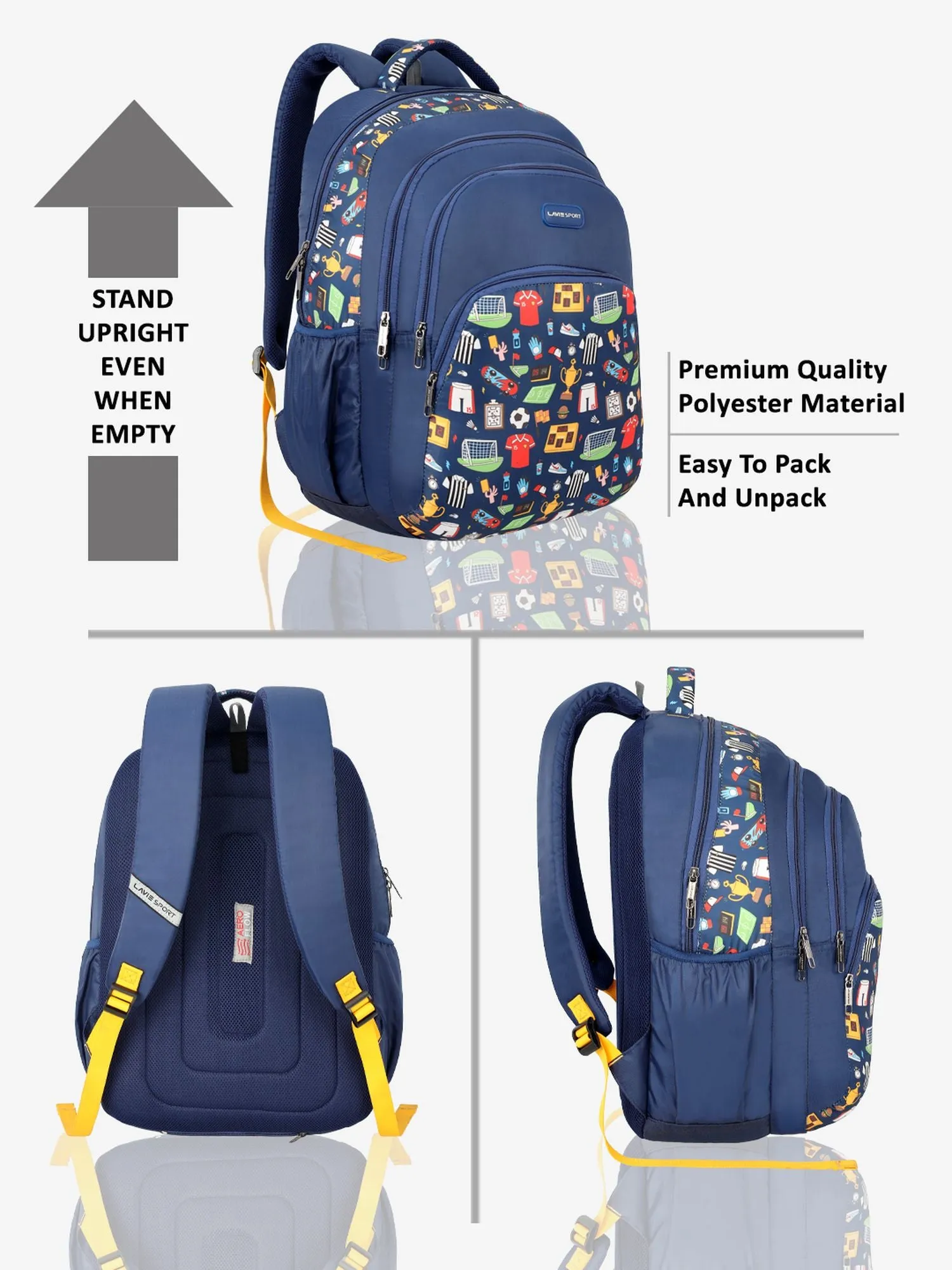 Lavie Sport Sporty 39L Printed School Unisex Backpack with Rain cover for Boys/Girls Navy